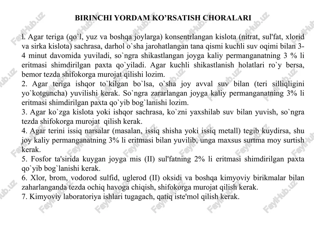 k. 6. xlor, brom, vodorod sulfid, uglerod (ii) oksidi va boshqa kimyoviy birikmalar bilan zaharlanganda tezda ochiq havoga chiqish, shifokorga murojat qilish kerak. 7. kimyoviy laboratoriya ishlari tugagach, qatiq iste'mol qilish kerak. probirka uchun tagliklar image1.png image2.png image3.png image4.png image5.png image6.png /docprops/thumbnail.jpeg