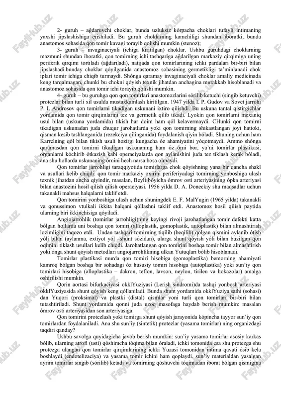 d katta bolder arteriyasi – kichik boldir suyagi boshchasi bilan tuberositas tibiae oraliĝidagi chiziqning όrtasidan tόpiqlar oraliĝidagi chiziq όrtasiga όtkaziladigan chiziq bόylab όtadi; orqa katta boldir arteriyasi yuqorida tibiae – ning ichki qirĝoĝidan ikki kόndalang barmoq ichkarida boylanib, pastda ichki ichki tόpiq bilan axil payi oraliĝiga όtkaziladigan chiziq bόylab όtadi. qisqacha topografo-anatomik ma’lumotlardan sόng qόl va oyoqlar qon tomirlari boĝlanganida yoki ularda tromblar hosil bόlganda qon aylanishini tiklash yόllari haqida tόxtalib όtamiz. qon oqishini tόxtatish va buzilgan qon aylanishini qayta tiklash tiklash zamonaviy jarrohlikning yutuqlaridan biri bόlib hisoblanadi. buning uchun qon tomirlarni oddiygina boĝlash (ligatura qόyishdan) tortib, murakkab chok qόyish, qon tomirlarni almashtirish (protazlash) kόchirib όtkazish kabi usullar ham qόllaniladi. hozirgi kunda yurik qon tomirini boĝlash majburlikdan kelib chiqadigan yumush, qolaversa, jarrohning ojiz (kuchsiz) ligidan kelib chiqadigan metod deb hisoblanadi. yirik qon tomirlari jarohatlanganda buzilgan qon oqimini tiklash uchun, albatta qon n. i. pirogov faqatgina qon tomir-nerv tutamlarining joylashish tartiblarini, …
