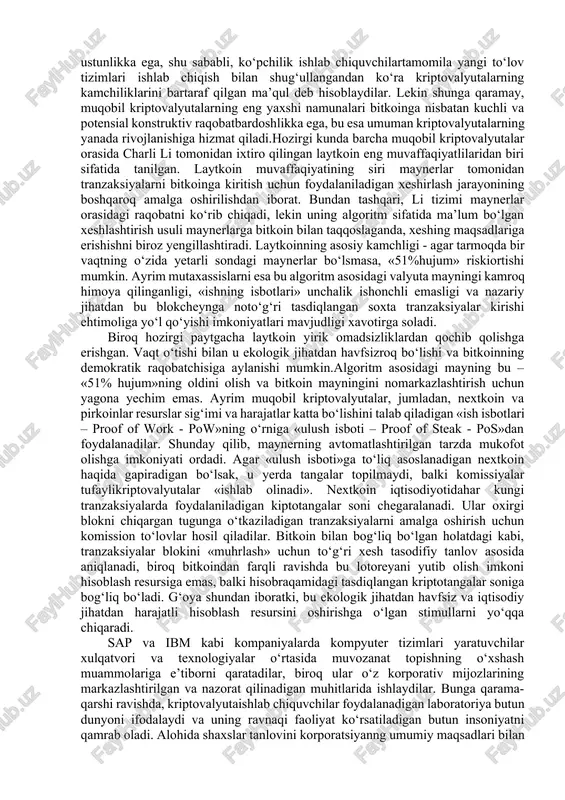 va uning farovonligini yakson qilishi mumkin».farovonlik darajasidagi farqning katta ekanligi uoll-stritlik «semiz mushuklar» nazorati ostidan chiqishga va «xalq valyutasi» sifatida vujudga kelgan kriptovalyutalar imidjiga salbiy ta’sir ko‘rsatadi. tor doiradagi tanlanganlarga mansub bo‘lgan hukumat va moddiy farovonlik aslo jamoatchilikda ishonch uyg‘otmaydi. albatta, dollar, evro va iena iqtisodiyotiham moliya va hukumatning markazlashuv darajasi kattaligi bilan ajralib turadi, boylar va kambag‘allar o‘rtasidagi farq esa 1930-yillar darajasiga yetdi. biroq bu an’anaviy valyutalar jamoatchilikni o‘z tomoniga jalb qilishga muhtojlik sezmaydi. kriptovalyutalar esa bu masalalar, halq va davlat orasidagi munosabat masalasining qandaydir yechimini taklif qilishi lozim, aks holda ularning kelajagi bo‘lmaydi. ayrimlar mavjud infratuzilmaga tayanadi va unga kengroq aholi guruhlari ulanishi uchun imkoniyatni ta’minlash usullarini izlaydi. ular kriptovalyutalarni aholining eng bebahra qatlamlari imkoniyatlarini kengaytirish uchun bir vosita sifatida ilgari suradilar. kriptovalyutalar sohasida bunday loyihalarni amalga oshirish imkoniyatini ko‘rib chiqadigan hisoblash texnikasi bo‘yicha muhandislar ehtimol, bitkoin texnologiyasi kelajagini belgilashda ham yetakchi rol o‘ynaydilar. chamasi, aynan ularning g‘oyalari …
