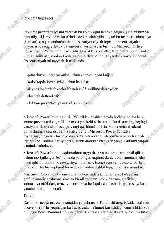 hlab chiqildi. microsoft power pointdan foydalanayotgan har bir foydalanuvchi xoh u yangi ish boshlovchi boʻlsa, xoh tajribali boʻlishidan qatʻiy nazar, ushbu dasturga kiritilgan yangi usullarni yuqori darajada baholaydi. microsoft powerpoint – taqdimotlarni tayyorlash va taqdimotlarni hosil qilish uchun moʻljallangan boʻlib, unda yaratilgan taqdimotlarda oddiy animastiyalar hosil qilish mumkin. prezentastiya – maʻruza, biznez reja va hokazolar boʻlishi mumkin. har bir taqdimot bir necha slayddan tashkil topgan boʻlishi mumkin. misrosoft power point – universal, imkoniyatlari keng boʻlgan, koʻrgazmali grafika amaliy dasturlari sirasiga kiradi va matn, rasm, chizma, grafiklar, animastiya effektlari, ovoz, videorolik va boshqalardan tashkil topgan slaydlarni yaratish imkonini beradi. tanqid dastur bir necha marotaba tanqidlarga uchragan. tanqidchilarga ba'zida taqdimot dizayn ko'rinishi yoqmagan bo'lsa, ba'zida ma'lumot kiritishdagi kamchiliklar va'j qilingan. powerpointni taqdimot yaratish uchun ishlatmaslikni targ'ib qiluvchilar orasida yelsk oliygohi professori edvard tafti va rossiyalik dizayner artemiy lebedevlar bor.