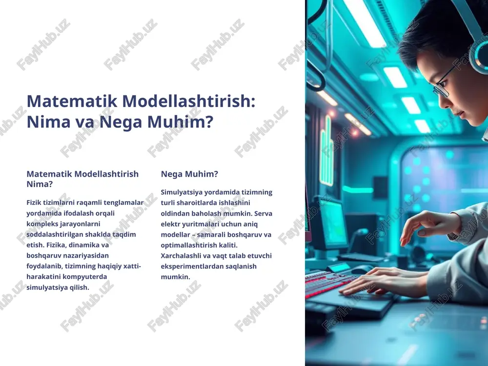 katta ev flotlari uchun zaryadlash jarayonlarini qisman differensial tenglamalar yordamida modellashtirish – tarmoq barqarorligini saqlash uchun muhim. talab qiluvchi quvvat (mw) tarmoq emkosi (mw) 8 amaliy tadqiqotlar va natijalar slovakiya universiteti tadqiqoti ev flotining zaryadlash modellashtirilishi va real tarmoq bilan taqqoslash. simulyatsiya natijalari hisoblash samaradorligi va aniqlik o'rtasidagi muvozanatni ko'rsatdi. simulyatsiya vaqti 30% qisqartirish orqali aniqlik 2% faqat pasaydi – bu amaliy tatbiq uchun juda qulay. natijalari: real tizimlarga moslashtirilib, katta masshtabdagi flot managementi uchun tavsiya qilingan. katta avtomobil ishlab chiqaruvchilari: audi, bmw, mercedes-benz – barchasi shunga o'xshash modellashtirish texnologiyalarini ev dizaynida faol qo'llanmoqda. 9 xulosa va kelajak yo'nalishlari matematik modellashtirish – elektr transportining asosi serva elektr yuritmalari matematik modellashtirish elektr transportining rivojlanish yo'nalishining muhim elementi. tizim samaradorligini oshirish energiya tejash, tormozlash tizimlarini optimallashtirish va batareya resursini saqlash – faqat modellashtirish orqali mumkin. kelajakning imkoniyatlari sun'iy intellekt, mashinali o'rganish va real vaqtli modellashtirish – yanada mukammal avtonomous tizimlarni yaratish kaliti. …