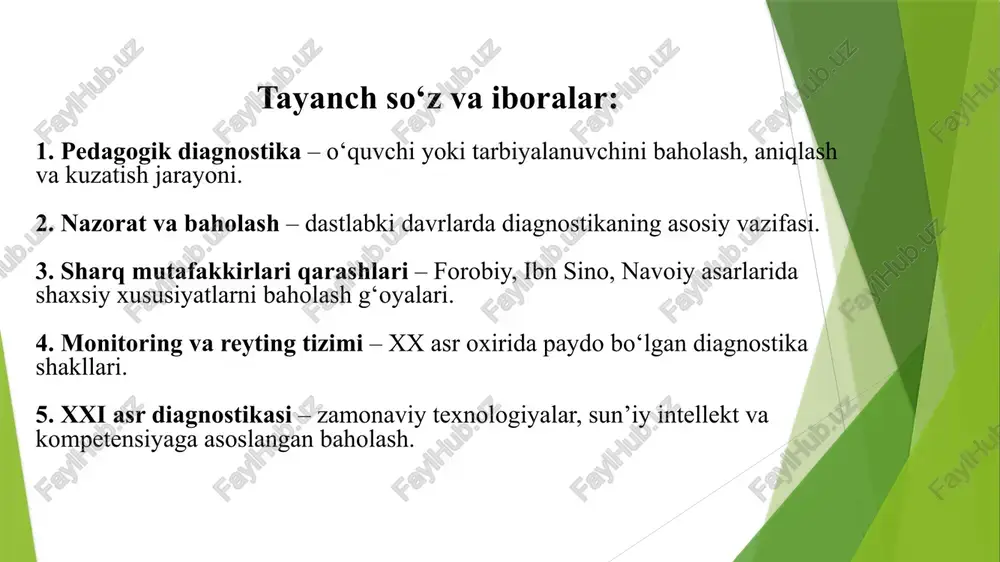 yangi davr (xvii–xviii asrlar) jon lok pedagog, faylasuf — jon lokk yan amon komenskiy bo‘lib, u o‘zining mashhur “didaktika” asarida ta’limning universal asoslarini ishlab chiqqan shvedsariyalik olim jan piaget (1896–1980) shvedsariyalik olim jan piaget (1896–1980) tomonidan taklif qilingan kognitiv rivojlanish nazariyasi pedagogik diagnostikani tubdan o‘zgartirdi. uning tadqiqotlariga asos bo‘lgan asosiy turtki - bolalar bilimni qanday egallaydi va tafakkur qanday shakllanadi, degan savollarga javob topish edi. u o‘z farzandlari ustida kuzatishlar olib borar ekan, shunday xulosaga keldi: bola kattalarnikidan tubdan farq qiladigan tafakkur tuzilishiga ega bo‘ladi va bu tafakkur vaqt o‘tishi bilan evolyutsiyalanadi j.piaget bolalarning fikrlash darajalarini to‘rtta asosiy bosqichda asoslab bergan: sensor-motor bosqichi (0–2 yosh) preoperatsional bosqich (2–7 yosh) konkret operatsional bosqich (7–11 yosh) 4.formal operatsional bosqich (12 yoshdan boshlab) har bir bosqich bolaning qanchalik murakkab fikrlarni tushunishga qodir ekanligini ko‘rsatadi. bu yondashuv pedagogik diagnostika uchun yangi eshiklarni ochdi: bolaga noto‘g‘ri yoki erta berilgan topshiriq uning “rivojlanmaganligi” emas, balki “mos …