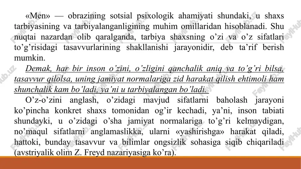 ’proq jismonan barkamollik mezonlari bilan nechog’lik uyg’un ekanligiga bog’liq bo’ladi. shuning uchun ham o’smirlikda o’g’il bolalardagi bo’yning pastligi, muskullarning zaifligi va shu asosda qurilgan «men» — obrazi qator salbiy taassurotlarni keltirib chiqaradi. qizlarda esa tashqi tarafdan go’zallikka, kelishganlik, odob va ayollarga xos qator boshqa sifatlarning bor – yo’qligiga bog’liq holda «men» obrazi mazmunan idrok qilinadi. qizlarda ham ortiqcha vazn yoki terisida paydo bo’lgan ayrim toshmalar yoki shunga o’xshash fiziologik nuqsonlar kuchli salbiy emosiyalarga sabab bo’lsa-da, baribir, chiroyli kiyimlar, taqinchoqlar yoki sochlarning o’ziga xos turmagi bu nuqsonlarni bosib ketadigan omillar sifatida qaraladi. sotsial psixologiya sohasida tadqiqot olib boradigan mutaxassislarning aksariyati o‘z tadqiqotlarining asosiy yadrosi sifatida gordon ollport, salvatore maddi, uilyam jeyms kabi psixologlarning nazariyalariga tayanadi. ulardan biri u.jeymsning shaxs nazariyasida shaxs «men»i haqidagi fikrlarini to‘liq ifodalay olgan, desak bo‘ladi. u.jeyms shaxs «men»iga xos ikki aspektni ajratib ko‘rsatdi: «men» - anglovchi va «men» - ob’yekt. shaxsning «men» obrazi «men» - ob’yekt inson …