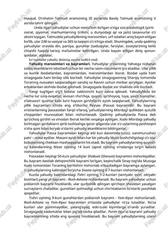 ashdi. esseylar xudo tomonidan yuboriladigan xaloskor - messiyaning kelishi va quddusni tozalashini kutib, ibodat qilib yashar edilar massonizmning ma’nosi «ozod quruvchilar» bo‘lib, yahudiylikdagi yashirin tashkilotdir. u milodiy 44 yili rim imperatorlaridan irod akriba tomonidan o‘zining ikki yahudiy maslahatchisi: rais o‘rinbosari heron abyud va birinchi sekretar muob lomiy yordamida tashkil etilgan. maqsadi – dunyoda yahudiylar hukmronligini o‘rnatishga erishish. u tashkil topgan davrda «maxfiy qudrat» deb atalardi. keyinchalik massonizm deb ataldi. sionizm nomi quddusdagi sion tog‘i bilan bog‘liq. bu oqim avstraliyalik yahudiy jurnalist t. gerlsning «yahudiylar davlati» risolasi asosida tuzilgan. bu oqimning o‘z oldiga qo‘ygan maqsadi – yahudiylar o‘zlari yashab turgan turli o‘lkalardan chiqib, falastinda «milliy birlashish»ga erishish. sionizm «jahon yahudiy millati» - «oliy millat» kabi g‘oyalarni ilgari suradi. o‘z g‘oyasiga ko‘ra sionizm siyosiy oqim bo‘lib, maqsadiga erishish yo‘lida yahudiy dinidan foydalanadi. yahudiylik manbalari. yahudiy dini boshqa dinlar kabi o‘zining muqaddas yozuvlariga ega. uning asosan ikkita manbasi bo‘lib, biri er. av. xiii …