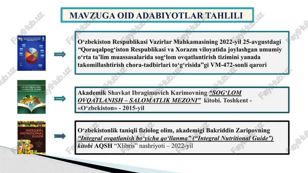 mahal ovqat uchun kunlik 6-8 dollargacha haq sarflaydi. kaliforniya shtatida maktab o‘quvchilarga bir mahal nonushta yoki tushlik uchun bepul ovqatlanish tizimi 100 % yo‘lga qo‘yilgan. fransiyada maktablarida ovqatlanish pullik lekin juda arzonlashtirilgan narxlarda. ahamiyatlisi shundaki o‘quvchilarning maktab oshxonasidan tashqarida ovqatlanish holatiga qonuniy cheklovlar qo‘yilganligi. 2023-2024 o‘quv yiidan boshlab 1-4 sinf o‘quvchilarini davlat budjeti mablag‘lari hisobidan bepul ovqatlanish faoliyati tashkil etilishini inobatga olib, o‘quvchilarda sog‘lom ovqatlanish muhitini yaxshilash bilan birga, maktab atrofidagi savdo shaxobchalarining faoliyatiga qonuniy cheklovlar kiritilishi maqsadga muvofiq bo‘ladi. x u l o s a maktabda tashkil etiladigan bepul ovqatlanish asosan kam ta’minlangan oilalarning daromadlarini taxminan 10 foiz tejash imkonini beradi. shunday ekan o‘quvchilarda sog‘lom ovqatlanish madaniyatini shakllantirish borasida ishchi guruhi tomonning ish faoliyatini kuchaytirish hamda sog‘lom ovqatlanish sharoit yaxshilanishiga har bir xodimning mas’ulligini oshirish. bundan tashqari sog‘lom ovqatlanish - insonda aqliy va jismoniy mehnat qobiliyatini faollashtiradi, uzoq umr ko‘rishni ta’minlaydi. oqilona ovqatlanish - sog‘liqni asrab va mustahkamlab, tashqi …