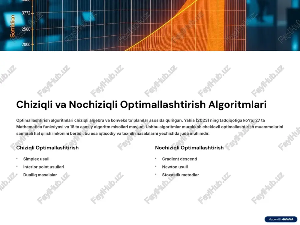 dashuvlar va mashina o'rganish gonzalo g. de polavieja (2025) tomonidan taqdim etilgan yangi yondashuvga ko'ra, algebra asosida o'rganish – vazifani algebraik atomlarga ajratish – juda samarali bo'lib chiqdi. mnist raqamlar tanib olish va tibbiy tasvir tahlilida bu usul yuqori natijalar ko'rsatdi. eng muhimi, bu metodologiya formal muammolarni qidiruvsiz, to'g'ridan-to'g'ri hal qilish imkonini beradi. bu matematik va sun'iy intellektning kuchli birlashmasi. atomik ajratish murakkab muammolarni oddiy qismlarga bo'lish yuqori natijalar mnist va tibbiy tasvirda 95%+ aniqlik qidiruvsiz yechim to'g'ridan-to'g'ri algebraik hal qilish 8 zamonaviy algoritmlarning amaliy ilovalari matematik modellar va algoritmlar hozir turli sohalarda ilova qilinmoqda. moliyaviy modellashtirish, molekulyar biologiya, va operatsion tadqiqotlar – bularning barchasi zamonaviy algoritmlarga bog'liq. sun'iy intellekt va matematik modellar birlashmasi yangi yechimlarni yaratib chiqmoqda. masalan, dorilar yaratish, portfel optimallashtirish, logistik tizimlar – barcha bu sohalarida algoritmlar hayotga oq soqqasi keltirmoqda. moliyaviy modellashtirish risk tahlili va investitsiya strategiyalari molekulyar biologiya oqalgan tadqiqot va gen injenerligi operatsion tadqiqot …