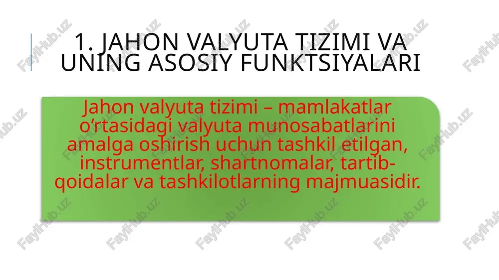 dan); oltinga umumiy to‘lov vositasi sifatida jahon puli funktsiyasi berildi; markaziy banklar tomonidan emissiya qilingan muomaladagi banknotalar oltinga erkin almashtirilgan. almashinuv oltin paritetlari asosida amalga oshirilgan. valyutalar kursi moneta partitetidan “oltin nuqtalari” chegarasida og‘ishi mumkin edi (±1% amalda qa’tiy belgilangan valyuta kurslari bo‘lgan); oltindan tashqari xalqaro aylanmada angliya funt sterlingi tan olingan; milliy oltin zahiralari va ichki pul taklifi o‘rtasidagi o‘zaro nisbat ushlab turilgan; to‘lov balanslari taqchilligi oltin bilan qoplangan. genuya valyuta tizimi tamoyillari tizim asosini oltin va deviz valyutalar tashkil etdi. ushbu davrda 30 ta mamlakatning pul tizimi oltin-deviz standartiga asoslandi. biroq, zahira valyuta mavqei rasmiy jihatdan hech bir valyutaga berilmadi, funt sterling va aqsh dollari ushbu sohada etakchilik uchun raqobatlashdi. oltin paritetlari saqlab qolindi. valyutalarning oltinga almashinuvi nafaqat bevosita yo‘l bilan (aqsh, frantsiya, b.britaniya) balki bilvosita, xorijiy valyutalar orqali ham amalga oshirildi. erkin suzuvchi valyuta kurslari rejimi qayta tiklandi. valyutani tartibga solish faol valyuta siyosati shaklida xalqaro konferentsiyalarda …