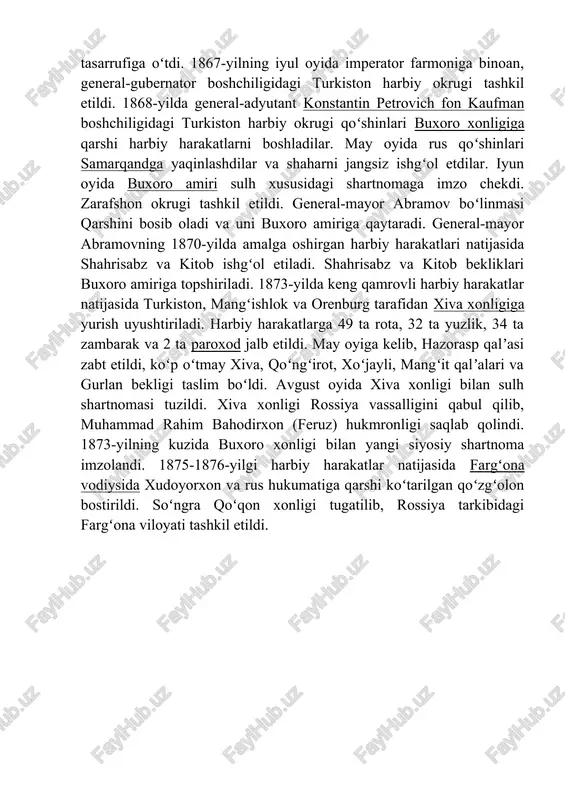 elib, hazorasp qalʼasi zabt etildi, koʻp oʻtmay xiva, qoʻngʻirot, xoʻjayli, mangʻit qalʼalari va gurlan bekligi taslim boʻldi. avgust oyida xiva xonligi bilan sulh shartnomasi tuzildi. xiva xonligi rossiya vassalligini qabul qilib, muhammad rahim bahodirxon (feruz) hukmronligi saqlab qolindi. 1873-yilning kuzida buxoro xonligi bilan yangi siyosiy shartnoma imzolandi. 1875-1876-yilgi harbiy harakatlar natijasida fargʻona vodiysida xudoyorxon va rus hukumatiga qarshi koʻtarilgan qoʻzgʻolon bostirildi. soʻngra qoʻqon xonligi tugatilib, rossiya tarkibidagi fargʻona viloyati tashkil etildi. 1881-yilda axal-tekin vohasi rus qoʻshinlarining ayovsiz hujumlari ostida taslim boʻldi, ashxobod zabt etildi. rossiya va eron oʻrtasida chegara belgilashga qaratilgan konvensiya imzolandi. 1884-yilda marv taslim boʻldi. 1885-yilda pendin va murgʻob vohasida yashovchi turkman qabilalari rossiya fuqaroligini qabul qildilar. kushka rossiyaning eng janubiy chegara maskaniga aylandi. shunday qilib, xix asrning 80-yillariga kelib rossiyaning markaziy osiyodagi chegaralarining shakllanish jarayoni nihoyasiga yetdi. 1893-1895-yillarda ruslar janubi-sharqdagi baland pomir togʻlarini egallab oldilar. 1895-yilda rossiya va buyuk britaniya hukumatlari oʻrtasida pomir togʻlarida boʻlinish chizigʻi oʻtkazilishi …