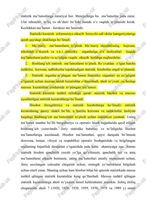 jerlarga bu ma’lumotlar juda zarur. ular ishonchli, to’liq va ob’ektiv bo’lishi hamda o’z vaqtida to’planishi kerak. kechikkan ma’lumot – keraksiz ma’lumotdir. statistiki kuzatish informatsiya etkazib beruvchi sub’ektlar kategoriyalariga qarab quyidagi shakllarga bo’linadi: 1. ma’muriy ma’lumotlarni to’plash. ma’muriy idoralar(soliq, bojxona, nikohdan o’tkazish va x.k.) statistika organlariga o’z faoliyatlari haqida ma’lumotlarni pulsiz va so’ralgan vaqtda etkazib berishga majburdirlar. 2. boshlang’ich statistik ma’lumotlarni to’plash. ro’yxatdan o’tgan barcha tashkilot, korxona, tadbirkorlar topshiradigan statistik hisobotlar orqali to’planadi. 3. statistik organlar to’plagan ma’lumot. statistika organlari uy xo’jaligini o’rganish uchun maxsus tanlab kuzatishlar o’tkazishadi, aholi ro’yxati va boshqa maxsus kuzatishlar yordamida to’plangan ma’lumot. statistik kuzatish tashkil etilishiga qarab: statistik hisobot va maxsus uyushtirilgan statistik kuzatishlarga bo’linadi. hisobot (buxgalteriya va statistik hisobotlarga bo’linadi) statistik kuzatishning asosiy shakli bo’lib, u barcha korxona va tashkilotlar faoliyati haqidagi boshlang’ich ma’lumotlarni to’plash uchun imkoniyat yaratadi. uning ma’lumot manbai bo’lib buxgalteriya va operativ hisob hujjatlarida qayd etilgan boshlang’ich yozuvlardir. joriy statistika butunlay va …