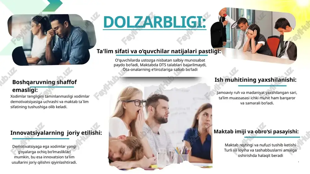 uvaffaqiyatini oshirish maqsadida doimiy baholashlar bilan bog‘liq. o‘qituvchilar ko‘p hollarda stress va charchoqdan azob chekmoqda. yechim: janubiy koreyada maktablar o‘qituvchilarni psixologik va emotsional qo‘llab-quvvatlash tizimlarini joriy etish orqali demotivatsiyani kamaytirishga harakat qilmoqda. maktablarda o‘qituvchilarga stressni boshqarish va o‘z salomatliklarini saqlash bo‘yicha treninglar o'tkaziladi. shuningdek, o‘qituvchilarni innovatsion o‘qitish usullari bilan tanishtirish orqali ularga yangi ko‘nikmalar va motivatsiya berishga harakat qilinmoqda. 1 2 3 1.motivatsiya dasturlari: angliyada xodimlar motivatsiyasini oshirish maqsadida turli dasturlar joriy etilgan. bular ichida professional rivojlanish va karyera imkoniyatlarini taqdim etish muhim o‘rin tutadi. shuningdek, mukofot tizimlari orqali xodimlarning ishga bo‘lgan qiziqishini oshirishga harakat qilinadi. 2.jamoaviy ish va qo‘llab-quvvatlash: xodimlar o‘rtasidagi jamoaviy ishni rag‘batlantirish uchun guruh ishlari va seminarlar o‘tkaziladi. bu demotivatsiyaga olib keladigan his-tuyg‘ularni kamaytiradi va jamoaviy ruhni oshiradi. turkiya. janubiy koreya xorijiy tajribalarni o‘rganilganligi: angliya muammo: turkiyada o‘qituvchilar o‘rtasida demotivatsiya ko‘p hollarda ish sharoitlari va maoshlar bilan bog‘liq. o‘qituvchilar ko‘pincha o‘z ishlaridan qoniqmaydilar va kasbiy rivojlanish imkoniyatlarining …