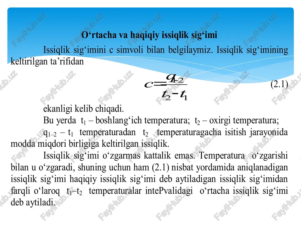 ssiqlik sig‘imlari keltirilgan. termodinamikada o‘zgarmas bosim va hajmdagi issiqlik sig‘imlari o‘rtasidagi nisbatdan keng foydalaniladi. bu nisbat k harfi bilan belgilanadi. mayer tenglamasidan: cv=r/(k–1); cp=kr/( k–1) (2.13) agar c=const deb hisoblasak 2.1-jadvaldan bir atomli gazlar uchun k=1,67; ikki atomli gazlar uchun k=1,4; uch va ko‘p atomli gazlar uchun k=1,29 ga teng bo‘ladi. 1 kg ideal gazni t1 temperaturadan t2 temperaturagacha isitish uchun zarur bo‘lgan issiqlik miqdori quyidagi formula orqali aniqlanadi: 2.14–formuladan cp va cv jarayonlar uchun quyidagi ifodani keltirib chiqarish mumkin: qv=cvm2t2–cvm1t1 (2.15) va qp= cpm2t2–cpm1t1 (2.16) gazlar cv cp cv cp kj/(kmolgrad) kkal/(kmolgrad) bir atomli 12,56 20,93 3 5 ikki atomli 20,93 29,31 5 7 uch va ko‘p atomli 29,31 37,68 7 9 ideal gazlarning issiqlik sig‘imlari 2.1 jadval gazlar aralashmasining issiqlik sig‘imi quyidagi formulalar asosida aniqlanadi: aralashmaning massaviy issiqlik sig‘imi: aralashmaning hajmiy issiqlik sig‘imi: aralashmaning molyar issiqlik sig‘imi: image2.emf image3.emf image4.emf image5.emf image6.emf image7.emf image8.emf image9.emf o‘ rta ch …