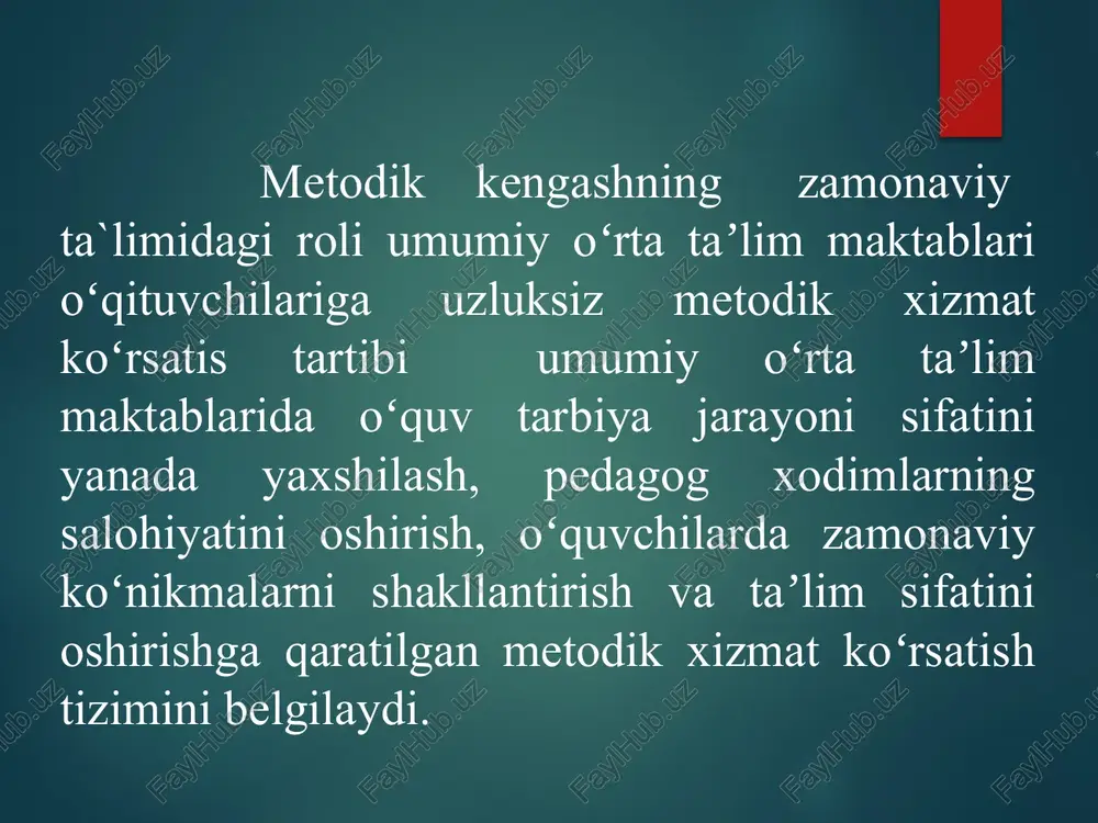 h boʻlimlari huzurida oʻquv-metodik kengashlar faoliyatini olib boradi; vazirlik tomonidan taqdim etilayotgan taʼlim mazmuni bilan bogʻliq materiallar va normativ-huquqiy hujjatlarning mazmun-mohiyatini maktab jamoasiga yetkazadi; oʻquv rejalar hamda oʻquv dasturlarini takomillashtirish, tajriba-sinovdan oʻtkazish hamda amaliyotga joriy etishda pedagoglarga koʻmaklashadi; metodik xizmat koʻrsatish boʻlimining asosiy vazifalari va funksiyalarini, huquqlarini, shuningdek, faoliyatini tashkil etish tartibini belgilaydi. metodik xizmat koʻrsatish boʻlimlari faoliyati maktabgacha va maktab taʼlimi vazirligi huzuridagi respublika taʼlim markazi (keyingi oʻrinlarda — respublika taʼlim markazi) tomonidan muvofiqlashtiriladi. metodik xizmat koʻrsatish boʻlimlarining rahbarlarini ishga qabul qilish respublika taʼlim markazi bilan kelishilgan holda amalga oshiriladi va milliy markaz rahbari tomonidan qonun hujjatlarida belgilangan tartibda lavozimidan ozod etiladi. milliy markazlar metodik xizmat koʻrsatish boʻlimlari faoliyatiga umumiy rahbarlikni amalga oshiradi. boʻlimning moddiy-texnik bazasini mustahkamlaydi. metodik xizmat koʻrsatish boʻlimlari oʻz faoliyatida oʻzbekiston respublikasi konstitutsiyasi va qonunlariga, oʻzbekiston respublikasi oliy majlisi palatalarining qarorlariga, oʻzbekiston respublikasi prezidentining farmonlari, qarorlari va farmoyishlariga, vazirlar mahkamasining qarorlari va farmoyishlariga, maktabgacha va maktab …