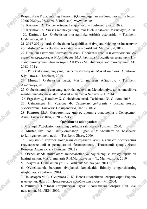 n marosimdagi nutqi. review.uz 12. o‘zbekiston respublikasi konstitutsiyasi.-toshkent.: o‘zbekiston, 2018. 13. o‘zbekiston respublikasi prezidentining 2017 yil 7 fevraldagi pf-4947-sonli “o‘zbekiston respublikasini yanada rivojlantirish bo‘yicha harakatlar strategiyasi to‘g‘risida”gi farmoni. www. lex.uz. 14. o‘zbekiston respublikasi prezidentining 2020 yil 27 fevraldagi “pedagogik ta’lim sohasini yanada rivojlantirish choratadbirlari to‘g‘risida”gi qarori // xalq so‘zi, 2020 yil, 28 fevral. 15. o‘zbekiston respublikasi prezidentining “jamiyatda ijtimoiy-ma’naviy muhitni sog‘lomlashtirish, mahalla institutini yanada qo‘llab quvvatlash hamda oila va xotin-qizlar bilan ishlash tizimini yangi darajaga olib chiqish chora-tadbirlari to‘g‘risida”gi farmoni //“xalq so‘zi” gazetasi. 2020. 20 fevral, № 37 16. o‘zbekiston respublikasida yoshlarga oid davlat siyosatini tubdan isloh qilish va yangi bosqichga olib chiqish chora-tadbirlari to‘g‘risidagi o‘zbekiston respublikasi prezidentining farmoni (qonun hujjatlari ma’lumotlari milliy bazasi, 01.07.2020 y., 06/20/6017/1021-son) www. lex.uz. 17. o‘zbekiston respublikasida korrupsiyaga qarshi kurashish tizimini takomillashtirish bo‘yicha qo‘shimcha chora-tadbirlar to‘g‘risida o‘zbekiston respublikasi prezidentining farmoni. (qonun hujjatlari ma’lumotlari milliy bazasi, 30.06.2020 y., 06/20/6013/1002-son). www. lex.uz. 18. karimov i.a. tarixiy xotirasiz …