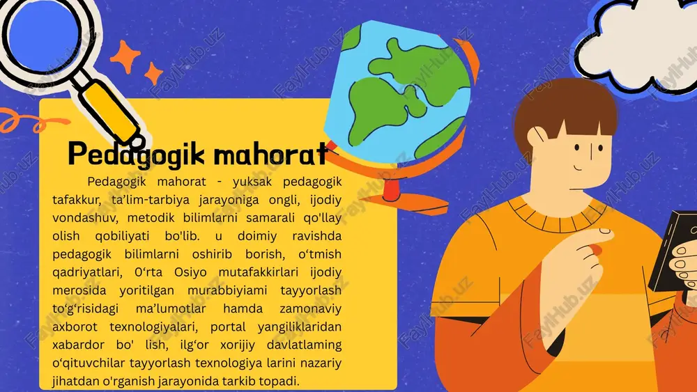 qo‘llash psixologik tayyorgarlik pedagogik mahoratni shakllantirish usullari pedagogik, psixologik va metodik bilimlarni chuqur egallash. pedagogik adabiyotlar, monografiyalar, ilg‘or tajribalar bilan tanishish. o‘quv dasturlarining mohiyatini tahlil qilish. simulyatsion darslar, interaktiv treninglar o‘tkazish. tashxisiy dars tahlillari (analiz) orqali o‘z faoliyatini baholash. tajribali o‘qituvchilar darslarini kuzatib, eng yaxshi usullarni o‘rganish. videodarslar orqali o‘z va boshqalarning nutqi, mimikasi, ta’sirchanligi ustida ishlash. maxsus kundalik tutish pedagogik innovatsiyalarni muhokama qilish va tajriba almashish. muammo yechimlariga yo‘naltirilgan ijodiy loyihalarda qatnashish. akt dan foydalanish o‘ziga ishonch, diqqat, eslab qolish, muomala madaniyatini shakllantirish. xulosa xulosa qilib aytganda, pedagogik mahorat har bir o‘qituvchining doimiy izlanishi, o‘z ustida ishlashi va zamonaviy talablarga mos holda rivojlanib borishi orqali shakllanadi. uning shakllanishi tizimli yondashuv, metodik asos va ichki motivatsiya bilan chambarchas bog‘liq. ana shundagina ta’lim sifatini oshirish va barkamol avlodni tarbiyalash imkoniyati yuzaga chiqadi. e’tiboringiz uchun rahmat! image9.svg image5.png image15.svg image1.png image2.png image3.svg image3.png image5.svg image4.png image6.png image17.svg image7.png image19.svg image8.png image21.svg image27.svg …