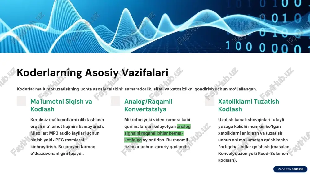 i dekoderlar. ular kompyuter tizimlarida manzillash va xotira kirishini boshqarish uchun zarur. 6 koder va dekoderlarning farqlari bu ikki jarayon bir-biriga qarama-qarshi bo'lib, birgalikda to'liq kommunikatsiya tsiklini hosil qiladi. asosiy vazifa ma'lumotni kodlash va/yoki siqish. kodlangan ma'lumotni tiklash va xatolarni tuzatish. kirish ma'lumoti asl, o'qiladigan ma'lumot (masalan, matn, analog signal). kodlangan, siqilgan yoki shovqin ta'siridagi ma'lumot. chiqish ma'lumoti uzaytirilgan yoki siqilgan kodlangan ma'lumot. asl, to'liq tiklangan ma'lumot. maqsad ma'lumotni samarali uzatish yoki saqlash uchun optimallashtirish. ma'lumotni to'g'ri, xatosiz qabul qilish va foydalanish. 7 amaliy misollar va qo‘llanilishi koder va dekoder texnologiyalari zamonaviy hayotimizning ko'plab sohalarida mavjud bo'lib, ular ko'zga ko'rinmas tarzda ishlaydi. telekommunikatsiya mobil aloqada ovozli qo'ng'iroqlarni raqamli formatga kodlash (celp koderi) va qabul qiluvchi tomonda uni qayta tiklash. multimedia oqimlari netflix, youtube kabi xizmatlar h.264/hevc koderlaridan video siqishda foydalanadi, foydalanuvchi qurilmasi esa tegishli dekoderdan foydalanadi. xatoliklarni tuzatish kosmik aloqa, optik tolali kabellar va qattiq disklarda ma'lumotlarning buzilishi oldini olish …