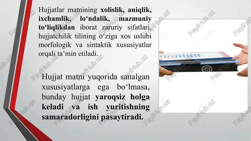 nechta boʻlsa, bandlarga ajratilib, arabcha raqamlar bilan belgilanadi. buyruqdan namuna ariza tuzishda ishlatiladigan birikmalar: ruxsat berishingizni soʻrayman kiritishingizni soʻrayman qabul qilishingizni soʻrayman koʻchirishingizni soʻrayman ajratishingizni soʻrayman ozod qilishingizni soʻrayman tushuntirish xatida qoʻllanadigan birikmalar muddatida bajara olmadim kasalligim haqida ma’lumotnoma ilova qilindi dars qoldirmoq ishga kech qolmoq ob-havo qulay boʻlmagani sababli mehnat intizomini buzmoq tilimizga bee’tiborlik va hujjatlarning yaroqsizlashishi image2.jpg image3.jpg image4.jpg image5.jpg image6.jpg image7.jpeg image8.jpeg image9.jpg image10.jpg image11.jpg image12.jpg /docprops/thumbnail.jpeg