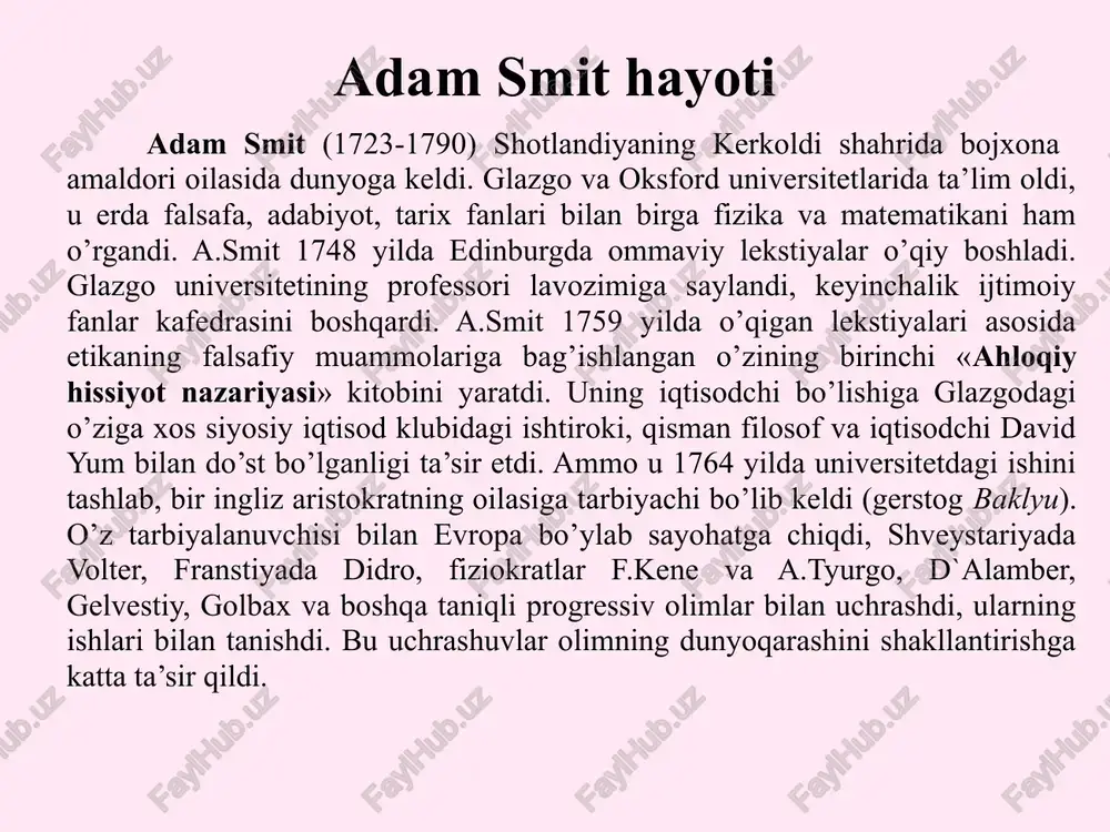 tobdan iborat bo’lib 1 qiymat va qo’shimcha daromad muammolari tadqiq etildi 2 kapital jamg’arilishining shakllanishi davrida evropaning iqtisodiy rivojlanishi 3 turli xalqlarda farovonlik, kapitalizm taraqqiyotining tarixiy shart-sharoitlari 4 merkantilizm va fiziokratlarning ta’limotiga munosabati. 5 davlat moliya tizimi tadqiq etilgan asar haqida 8 jamiyatning iqtisodiy rivojlanishi va uning moddiy-turmush darajasini oshirish muammolari a.smit tadqiqotining predmetini tashkil etadi. qanday shart-sharoitlar va qanday qilib insonlar yuqoriroq moddiy turmush darajasiga erisha oladilar degan fikr asarning asosiy g’oyasini aks ettiradi.jamiyatning iqtisodiy rivojlanishi va uning moddiy-turmush darajasini oshirish muammolari a.smit tadqiqotining predmetini tashkil etadi. qanday shart-sharoitlar va qanday qilib insonlar yuqoriroq moddiy turmush darajasiga erisha oladilar degan fikr asarning asosiy g’oyasini aks ettiradi. iqtisodiyot rivojlanishi bilan sanoat tovarlarni narxi pasayishi, qishloq xo’jaligi mahsulotlari narxi esa o’sish tendenstiyasiga ega deb hisoblaydi. demak, shunday hulosa qilish mumkinki, agrar soha ustun (bu xato). metodologik jihatdan bu tadqiqot iqtisodiy liberalizm konstepstiyasiga, ya’ni fiziokratlarning tabiiy tartibi, yanada aniqroq bozor iqtisodiyoti munosabatlariga …