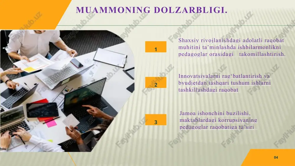 atlasha olishi, maktab o‘qituvchilari o'rtasida sog'lom raqobat tizimini yaratishga yordam beradi. 10 11 mavzu yuzasidan taklif. kadrlarni to‘g‘ri tanlash va joylashtirish vaziyatning o‘zgarishiga qarab ish xaqlarini doimiy yaxshilab borish barcha xodimlar o‘rtasida teng mehnat taqsimotini ta’minlash xodimlarning xaq-huquqi va majburiyatlariga amal qilishi hamda ularni hurmat qilish ustidan jiddiy nazorat olib borish, yuqori mehnat intizomiga amal qilish topshiriqlar, vakolatlar va javobgarliklarni aniq taqsimlash xodimlar xulq-avtorida o‘z-o‘zini boshqarishni shakllantirish orqali jamoaviy tartibni kuchaytirish, jamoani jipslashtirish xodimlarning to‘liq band bo‘lmasligi oqibatida yuzaga keladigan mish-mishlar, g‘iybatlar, kichik tortishuvlar nizolar keltirib chiqaruvchi asoslarni bartaraf etish maktab pedagoglar orasida sog‘lom raqobat joriy etishning chora-tadbir. t/r tadbir nomi. amalga oshirish mexanizimi. ma’sullar. muddat. natija. 1. maktabda “maktab kichik akademiyasi’ faoliyatini tashkil etish. maktab-ota-onalar va taxririyatlar, yozuvchilar uyushmasi bilan hamkorlik. maktab rahbariyati. it sohasi vakillari va fan o’qituvchilari har o’quv yilining oktabr-aprel oylarida. maktablardagi kadrlar ilmiy izlanuvchanlik salohiyatini oshishi, kelajakda o’z fikrini erkin bayon eta oladigan kadrlar shakllanishi …