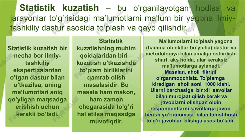 ng o’zidayoq qayd etiladi. o’rganilayotgan to’plam birliklarini o’z ichiga qamrab olishiga qarab, statistik kuzatish ikki turga: yoppasiga kuzatish va qisman kuzatishga bo’linadi. yoppasiga kuzatishda to’plam birliklarining barchasi kuzatiladi.masalan, o’zbekistonda aholi ro’yxati o’tkaziladigan bo’lsa, respublika fuqarolarning barchasi (qaerdaligidan qat’iy nazar) ro’yxatga olinadi. bu degani fuqaro chet davlatdami, dengizdami, okeandami va hatto kosmosdagi kishi ham ro’yxatdan o’tishi kerak. qisman kuzatishda o’rganilayotgan to’plam birliklarining bir qismi kuzatishga jalb qilinadi. qisman kuzatish to’rtta turga: anketa orqali kuzatish, monografik tasvirlash, asosiy massivni kuzatish, tanlab kuzatishga bo’linadi. anketa orqali kuzatish monografik tasvirlash asosiy massivni kuzatish tanlab kuzatish savollar yozilgan varaqalar kuzatish birliklariga tarqatilib, ular to’ldirilgandan so’ng yig’ishtirib olinadi va umum-lashtiriladi. bunda to’plamning bir bo’lagini har tomonlama va chuqur o’rganish tushuniladi. o’rganilayotgan belgi umumiy hajmining o’zga-rishiga olib ke-ladigan eng sal-moqli o’rin tutgan birliklar ajratib olib o’rganiladi. bu kuzatishda bosh to’plamdan bir qismini tanlab olib tekshirish tushuniladi. qisman kuzatish to’rtta turga bo’linadi statistik kuzatishning dasturiy-uslubiy masalalari quyidagilardan tashkil …