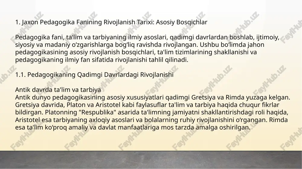 ta'limda yangi metodlar, innovatsiyalar va ilmiy izlanishlar ijtimoiy ehtiyojlar va globalizatsiya jarayonlariga moslashtirildi. jaxon pedagogika fanining rivojlanish tarixi ko‘plab madaniyatlar va davrlarning ta'limga bo‘lgan qarashlari va metodologiyalari orqali shakllandi. har bir davrda pedagogika fani o‘ziga xos xususiyatlarga ega bo‘lib, ijtimoiy, siyosiy va iqtisodiy o‘zgarishlarga javob berdi. bu jarayonda amos komenskiyning ta'limga oid g‘oyalari va metodlari muhim o‘rin tutadi va zamonaviy ta'lim tizimlarini shakllantirishda katta ahamiyat kasb etadi. 2. amos komenskiyning pedagogik sistemasi: asosiy g'oyalar va metodlar amos komenskiy (1592-1670) — o‘z davrining eng buyuk pedagoglaridan biri va jahon pedagogikasining rivojiga muhim hissa qo‘shgan shaxsdir. uning pedagogik tizimi zamonaviy ta'limga katta ta'sir ko‘rsatgan va u ta'limning insoniyat taraqqiyotidagi ahamiyatini ta’kidlagan. komenskiyning pedagogik g‘oyalari asosan o‘quvchilarning tabiatiga, ularning psixologik rivojlanishiga moslashgan va ta'limda faol ishtirokni rag‘batlantirgan. 2.1. amos komenskiyning pedagogik g‘oyalari 1. ta'limning universalizmi va "butun dunyo maktabi" g‘oyasi komenskiyning eng mashhur g‘oyalaridan biri — bu ta'limni barcha bolalar uchun teng va …