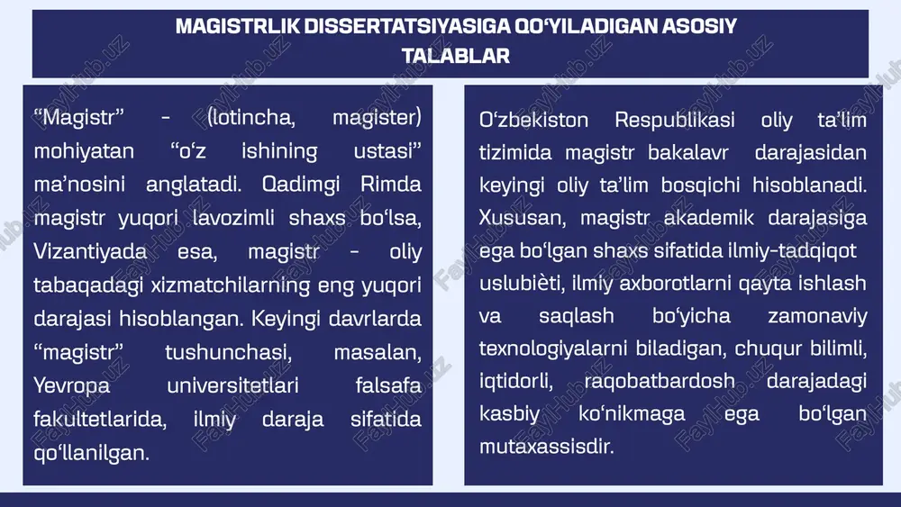 ibidan ilmiy rahbar tayinlanganda, qo‘shimcha ravishda tegishli mutaxassislik kafedrasi pedagog-xodimlari tarkibidan ilmiy maslahatchi tayinlanadi. mutaxassislik kafedrasi taqdim etgan va magistratura bo‘limi kengashi tomonidan tavsiya etilgan magistratura talabalarining magistrlik dissertatsiyalari mavzulari va ularning ilmiy rahbarlari (ilmiy maslahatchilari) ilmiy ishlar bo‘yicha prorektor taqdimnomasiga asosan magistratura talabalari o‘qiyotgan birinchi o‘quv yilining birinchi ikki oyi davomida institut rektorining buyrug‘i bilan tasdiqlanadi. magistrlik dissertatsiyasi magistratura talabasi o‘qigan ta’lim tilida (ilmiy ishlar bo‘yicha prorektor roziligi asosida xorijiy tilda ham) tayyorlanadi. xorijiy tilda tayyorlangan magistrlik dissertatsiyasiga davlat tilida yozilgan annotatsiya ilova etiladi. magistrlik dissertatsiyasi mustaqil bajarilishi talab etiladi. uni bajarishda talabadan kasb odob-axloqi qoidalariga qat’iy rioya etishi (plagiat, statistik va boshqa ma’lumotlarni soxtalashtirish, shuningdek, yolg‘on sitatalar keltirishga yo‘l qo‘ymasligi) talab etiladi. - tadqiqot usullarini tanlashda ishtirok etish va ularni tadqiqot ishida qo‘llashda magistratura talabasiga ko‘maklashish; - dastlabki himoyagacha magistrlik dissertatsiyasiga xulosa berish. - magistratura talabasining belgilangan kalendar ish rejasi bo‘yicha ishlarning bajarilishini va magistrlik dissertatsiyasi o‘z vaqtida …