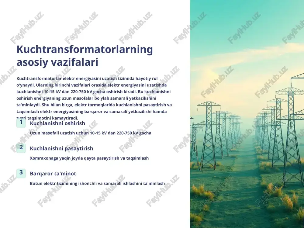 fasini ham bajaradi. energiya yo'qotishlarini minimallashtirishning asosiy yo'li magnit o'zakda va chulg'amlarda issiqlik yo'qotishlarini kamaytirish bo'lib, bu texnikadan foydalanish orqali erishiladi. 15-20% energiya yo'qotishlari transformatorning o'rtacha samaradorligi 80-85% samaradorlik koeffitsient foydalanuvchiga yetkaziluvchi energiya 7 amaliy qo'llanilishi kuchtransformatorlar elektr energiyasining zamonavoy tizimida juda keng qo'llaniladi. elektr uzatish liniyalari va podstansiyalarda transformatorlar asosiy qurilma bo'lib xizmat qiladi. sanoat korxonalarida kuchlanishni moslashtirish uchun ular juda zarurdir. elektr transport tizimlarida, masalan, temir yo'l elektrlashtirishda transformatorlar kuchlanishni moslashtirish uchun foydalaniladi. qisqa qilib aytganda, transformatorlar elektr energiyasining har bir bosqichida muhim rol o'ynaydi. uzatish liniyalari kuchlanishni oshirish va uzun masofali uzatish sanoat korxonalari kuchlanishni moslashtirish va taqsimlash elektr transport temir yo'l va elektr transportida qo'llaniladi 8 so'nggi innovatsiyalar va rivojlanishlar kuchtransformatorlar sohasida dastlab quruq turdagi transformatorlarda yangi izolyatsiya materiallari qo'llanila boshlanib, ularning samaradorligini oshirayotgan. energiya samaradorligini oshirish uchun zamonavoy sovutish tizimlari ishlab chiqilmoqda, bu transformatorlarning ishlash muddatini uzaytiradi. raqamli monitoring va diagnostika usullari yordamida texnik xizmat …