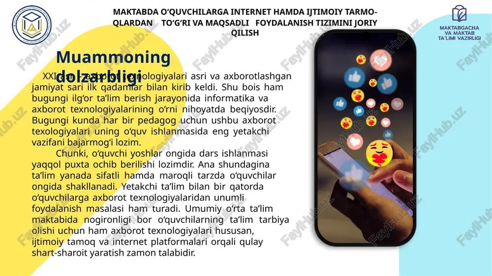 ini mustahkamlash uchun yordam beradi ta'lim vositalari va ma'lumotlar samaraligiga qanday tadbirlar amalga oshirilishi va ularni yaxshi foydalanishga o'rgatishga qarab belgilanadi aqsh fillandiya yaponiyada maktabda o‘quvchilarga internet hamda ijtimoiy tarmoqlardan to‘g‘ri va maqsadli foydalanish tizimini joriy qilish muammo yuzasidan xorijiy tajribalarni o‘rganilganligi presentation template by qiyosiy tahlil etilganligi maktabda o‘quvchilarga internet hamda ijtimoiy tarmoqlardan to‘g‘ri va maqsadli foydalanish tizimini joriy qilish amaldagi holat (o‘zbekistonda) amaldagi holat (xorijda) taklif o‘zbekistonda maktabgacha va maktab ta'limi tizimiga zamonaviy axborot-kommunikatsiya texnologiyalari va innovatsion loyihalarni tatbiq etish, yoshlarni maktabdan tashqari ta'lim va tarbiyalashning zamonaviy uslub va yo'nalishlarini joriy etish, hamda ularning bandlik bilan ta'minlash, duk “innovatsiya, texnologiya va strategiya markazi” (itsm) faoliyat yutiradi. aqsh: common sense media tashkiloti tomonidan yaratilgan "digital citizenship curriculum" raqamli savodxonlik, internet xavfsizligi va onlayn odob-ahloq qoidalarini o‘rgatishga yo‘naltirilgan. “innovatsiya, texnologiya va strategiya markazi” tomonidan ta’limga qaratilgan loihalarni o‘quvchi yoshlarga etkazish maqsadida haftaning shanba kunini “innovatsiya va texnologiya kuni” etib belgilash …
