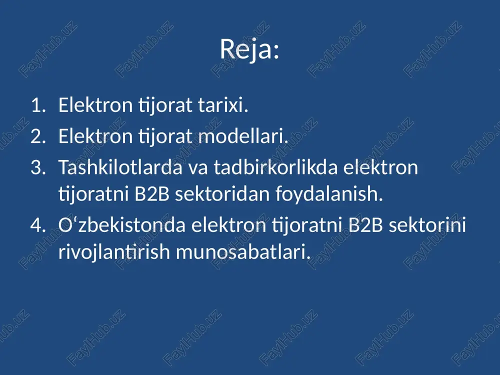 ro biznesni osonlashtirish uchun moliyaviy ma'lumotlar almashish uchun internetdan foydalanadilar. ma'lumotlarning yaxlitligi va xavfsizligi elektron tijoratning dolzarb muammolari. elektron tijorat maqsadlari : tannarxni pasaytirish; ishlab chiqarish vaqtini qisqartirish; mijozlarning talablarini tezlashtirish; xizmat ko'rsatish sifatini oshirish. elektron tijoratning iqtisodiy sharoitf sezilarli darajada va quyidagicha ta'siri: narxlarga ta'siri - elektron bozorni yaratishdan boshqa narsa yo'q iste'molchilarni qidirishni osonlashtiradigan ma'lumotlarning kombinatsiyasi sifatida nafaqat tovarlar, balki eng maqbul narx; ishlab chiqarish samaradorligining pasayishi hisobiga tranzaktsiya xarajatlari, raqobatning kuchayishi va oshkora biznes bilan shug'ullanish; inventarizatsiyani qisqartirish - ma'lumotlar asta-sekin real bilan almashtirilmoqda zaxiralar, chunki ularni ortiqcha saqlash foydasiz, chunki tarkibiy qismlarni iste'mol qilish jarayonini to'g'ri tasavvur qiling. elektron tijorat quyidagilarni modelarni o'z ichiga oladi: elektron ma'lumotlar almashinuvi (electronis data interchange), elektron pul o'tkazmalari (electronic funds transfer), elektron tijorat (e-trade), elektron pullar (e-cash), elektron marketing (e-marketing), elektron bank (e-banking), elektron sug'urta xizmatlari (e-insurance). elektron tijoratning bozorlar va chakana sotuvchilarga ta'siri. elektron tijorat mijozlarga geografik to'siqlarni engib …