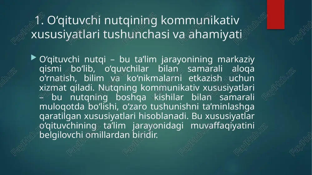 quvchilarning fikrlarini diqqat bilan tinglashi va javob berishi orqali nutqning samaradorligini oshiradi. 4. amaliy masalalar yechishda o‘qituvchi nutqining kommunikativ xususiyatlarini qo‘llash usullari va xulosalar masalalar yechish jarayonida o‘qituvchi nutqining kommunikativ xususiyatlarini samarali qo‘llash uchun bir qancha metod va usullar mavjud. ulardan asosiylari: masala shartlarini tahlil qilish: o‘qituvchi nutqi orqali masala shartlarini bosqichma-bosqich tushuntirish, asosiy ma’lumotlarni ajratib ko‘rsatish. savol-javob metodlari: o‘quvchilarga savollar berish orqali ularning fikrlarini aniqlash va kerak bo‘lsa, nutqni o‘zgartirish. misollar va vizual vositalar: nutqga grafiklar, sxemalar, rasm va diagrammalarni kiritish orqali mavzuni aniqroq yetkazish. rolli o‘yinlar va guruh ishlari: o‘qituvchi nutqini interaktivlashtirish, o‘quvchilarni guruhlarga bo‘lib, masalalarni birga yechishga undash. xulosa xulosa qilib aytganda, o‘qituvchi nutqining kommunikativ xususiyatlari masalalar yechishda o‘quvchilarning bilimini samarali shakllantirish uchun zarur vositadir. nutqning aniq, tushunarli, interaktiv va o‘quvchilar ehtiyojiga mos bo‘lishi ta’lim jarayonining muvaffaqiyatini ta’minlaydi. shu bilan birga, o‘qituvchi nutqini rivojlantirish va takomillashtirish doimiy jarayon bo‘lib, u o‘quvchilarning ta’lim olishini yuksaltirishga xizmat qiladi. image2.png …