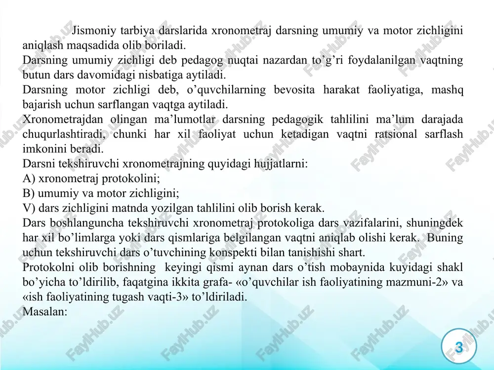 --- = 93,3 % 45 darsning umumiy zichligi 93,3% ni tashkil kiladi. jismoniy mashqlar bajariladigan mashgulotlarda motor zichlik maxsus ko’rsatkich bo’lib hisoblanadi. masalan: harakatlarni bajarishga 20 daqiqa sarflangan bo’lsa, hisob quyidagicha yechiladi: 45 daqiqa- 100 % 20x100 20 daqiqa – x % bunda x=---------- = 44,4 % 45 xozirgi vaqtda jismoniy tarbiya darslaridagi optimal zichlik 1-4-sinflarda 37-47 %, 5-9-sinflarda 50-60%, 10-11 yuqori sinflarda 60% ni tashkil qilishi kerak. jismoniy tarbiya darslarida pulsometriya olib borishdan asosiy maqsad, darsdagi yuklamani o’quvchilarning yoshiga, tayyorgarligiga, mashgulot utkaziladigan joyning sharoitiga muvofikligini aniqlashdan iborat. 6 pulsometriya ma’lumotlarini tugri taxlil kila bilish esa, talabalarga keyinchalik uz xarakatlarini ob’ektiv baxolashga va xar bir sinf uchun yuklamalarni tugri rejalashtirishga, boshkarish usullarini egallashga yordam beradi. pulsni birinchi bor darsga qo’ng’irok chalinishiga 5 minut qolganda o’lchanadi. bunda kuzatuvchi, kuzatiluvchi o’quvchining tinch xolatda, ya’ni uning puls kursatkichi normal xolatda ekanligiga ishonch xosil kilishi kerak. puls- lotincha turtki- tomir urishi, yurak qisqarishi natijasida …