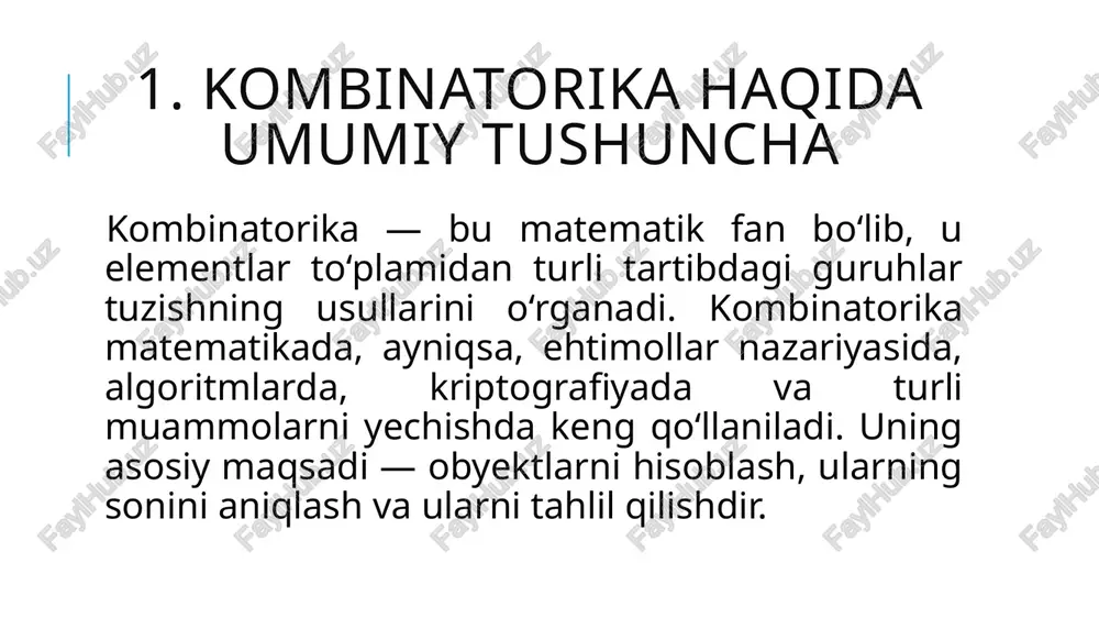 ar uchun foydalidir. foydalanilgan adabiyotlar karimov a.a., usmonov t. “discret matematika asoslari”, toshkent: o‘zbekiston milliy universiteti nashriyoti, 2019. — 224 bet. abdurahmonov q. “oliy matematika”, 2-jild, toshkent: “fan va texnologiya”, 2020. — 368 bet. xakimov n.a. “ehtimollar nazariyasi va matematik statistika”, toshkent: “yangi asr avlodi”, 2018. — 310 bet. khamdamov b.r., murodov s. “matematik mantiq va kombinatorika”, toshkent: tdpu nashriyoti, 2022. — 180 bet. gusev v.i. “kombinatorika. zadachi i resheniya”, moskva: nauka, 2016. — 240 str. grebenshikov i. “diskretnaya matematika i kombinatorika”, sankt-peterburg: piter, 2019. — 304 str. rosen k.h. “discrete mathematics and its applications”, 7th edition, mcgraw-hill education, 2012. — 1072 pages. bogart k.p. “combinatorics through guided discovery”, open access textbook, dartmouth college, 2004. https://mathworld.wolfram.com/combinatorics.html — mathworld: wolfram mathematics online resource. https://www.khanacademy.org/math/statistics-probability — khan academy: statistics and probability (combinatorics section). /docprops/thumbnail.jpeg