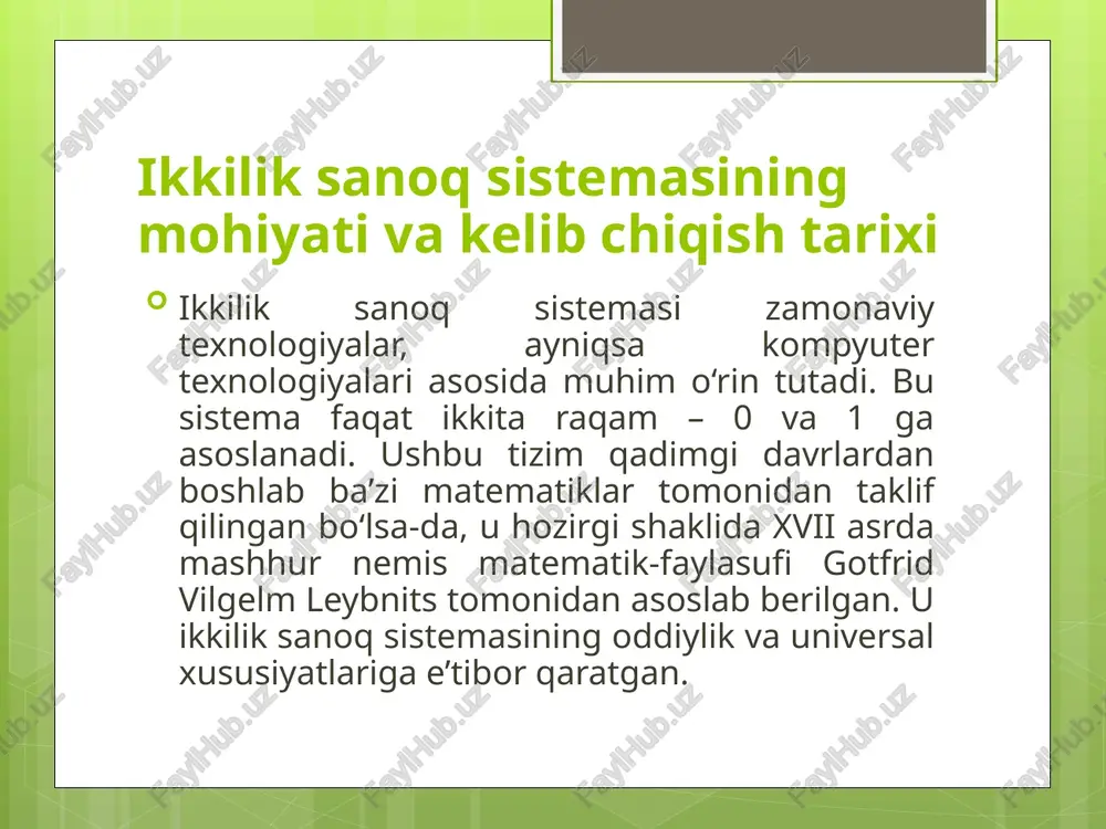 v tizimlari ushbu tizim yordamida ishlaydi. plc (programmable logic controller) qurilmalari – sanoat uskunalarini avtomatlashtirish uchun ishlatiladigan maxsus mikroprotsessorli tizimlardir. bu qurilmalarga yozilgan dasturlar ikkilik ko‘rinishda ishlaydi: ya’ni sensor ishladi – 1, ishlamadi – 0. shunga qarab ishlab chiqarish liniyasi ishlaydi yoki to‘xtaydi. sensorlar, dvigatellar, mashinalar va boshqa qurilmalar “yoqilgan/ o‘chirilgan”, “harakatda/turibdi” holatlarida ishlaydi. bularning barchasi 0 va 1 lar orqali belgilanadi. shu tariqa ikkilik sanoq sistemasi sanoatdagi real obyektlarning holatini raqamli shaklda ifodalaydi. muhandislik sohasida, ayniqsa, elektronika va mikrotexnika yo‘nalishlarida ikkilik sistema asosida logik sxemalar tuziladi. har qanday raqamli mikrosxema – bu bir nechta "va", "yoki", "emas" kabi mantiqiy elementlarning birlashmasidir. ular faqat 0 va 1 lar ustida ishlaydi. masalan, bir mikrochip bir necha million tranzistordan iborat bo‘lib, har biri ikkilik rejimda faoliyat yuritadi. avtomobilsozlikda ham zamonaviy avtomobillarni boshqaruvchi elektron bloklar ikkilik kodlar asosida ishlab chiqiladi. masalan, abs tizimi, avtomatik tormozlash, yo‘l harakati axborotlarini qayta ishlovchi tizimlar 0 va …