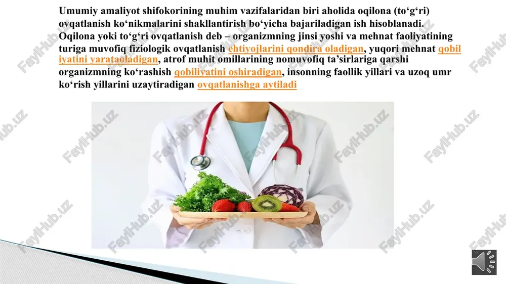 langan. adekvat ovqatlanish nafaqat muvozanatli, balki almashinuvning tabiatiga ham optimal tarzda mos kelishi lozim bo’lib, bunga misol qilib: ichak mikroorganizmlari - saprofitlar, ularning massasi 1,5-2,0 kg dan oshishi mumkin. oshqozon-ichak traktida ichak mikroorganizmlari tomonidan ishlab chiqarilgan va o’zgartirilgan oziq-ovqat substratlarining muhim qismi organizm tomonidan so’riladi va assimilyatsiya qilinadi. bularga vitaminlar, uchuvchi yog’ kislotalari, lipidlar, aminokislotalar, uglevodlar, nukleotidlar hamda bakteriyalarning hayotiy faoliyati natijasida hosil bo’lgan moddalar kiradi. normal (to’g’ri) ovqatlanish ratsionida turli xil ovqatlar (ovqat maxsulotlari) bo’lishi lozim bo’lib, bu ovqatlar tarkibi kundalik ratsionida 6 ta mahsulot guruhi bo’lishi zarur: sut va sut mahsulotlari; go’sht, parranda go’shti, baliq, tuxum; non, don, makaron va qandolat mahsulotlari; yog’lar; kartoshka va sabzavotlar; mevalar, rezavorlar, tabiiy sharbatlar. shaxsiy ovqatlanishning adekvatligini baholash uchun ko‘pincha so‘rov usulidan foydalaniladi va keyinchalik o‘rtacha kunlik ratsionning ozuqali qiymati va kaloriyaliligi hisoblab topiladi. bu usulning mohiyati shundan iborat-ki, patsient (yoki bir guruh aholi) dan so‘rash orqali o‘rtacha kunlik ovqat ratsionining to‘plami …