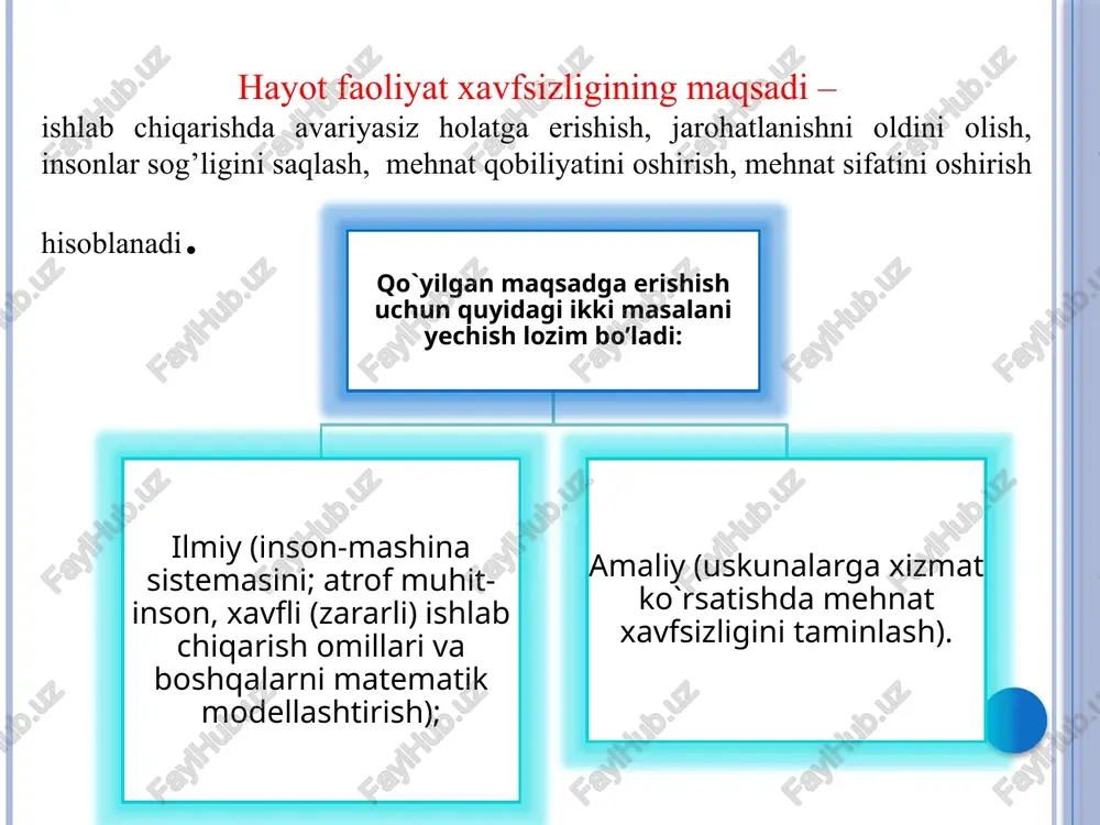 al qilish yo‘llarini tayyorlash va asoslashda foydalaniladigan metodologik choralar yig‘indisidir. sabab va oqibatlar. yashirin xavflarni amalga oshishiga olib keladigan sharoit-sabab deb ataladi. sabablar, jarohatlar, yuqumli kasalliklarni keng tarqalishi (epidemiya), atrof-muhitga zarar va boshqa xil oqibatlarni keltirib chiqaradi. xavf, sabab, oqibat uchligi-bu yashirin xavflarni va zararlarni amalga oshiruvchi mantiqiy jarayondir. masalan: zahar (xavf)- dori tayyorlashning xatosi (sabab)- zaharlanish ( kungilsiz oqibatlar). mutloqa xavfsiz bo‘lgan ish (faoliyat) bo‘lishi mumkin emas. demak, faoliyat qanday bo‘lmasin, unda yashirin xavf bo‘ladi. bu aksioma hayot faoliyat xavfsizligida metodologik ahamiyatga ega. tavakkal nazariyasi. 1950 yil sentyabr oyida germaniyaning kyoln shahrida bo’lib o’tgan birinchi jahon kongressida hayotiy faoliyat xavfsizligi fan deb qabul qilindi. olimlar o’z ma‘ruzalarida "tavakkal" tushunchasini qo’lladilar va bu tushunchani har bir olim o’zicha talqin qildi. masalan, v. marshal "tavakkal, bu xavfning miqdoriy bahosidir" deydi. miqdoriy baho kungilsiz hodisalarning aniq bir davr ichida bo’lib o’tgan sonining bo’lishi mumkin bo’lgan soniga nisbatidir. "tavakkal" ni aniqlashda nimani "tavakkali" …