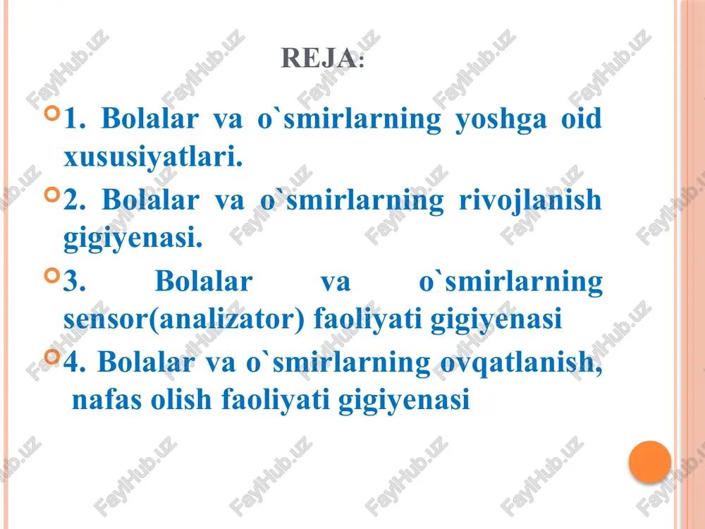 i, taqlidchanligi ortadi, organ va tizimlar faoliyati takomillashadi. 5.bog`cha yosh davri (3-6,7 yoshgacha). bu davrda xotira, fikrlash tasavvur qilish rivojlanadi, intizom paydo bo`ladi, miya po`stlog`i juda ko`p shartli bog`lanishlar vujudga kela boshlaydi. 6. kichik maktab yosh davri, (7-12 yosh). skeletning suyaklashuvi davom etadi, tana proportsiyasi o`zgaradi, bosh miya katta yarim sharlari roli, jinsiy bezlarning gormonal ta'siri orta boradi. 7.o`rta maktab yosh davri (12-15 yosh). bu davrda ikkilamchi jinsiy belgilar paydo bo`ladi, tormozlanish va qo`zg`alish protsesslari muvozanatlashadi, umumlashtirish protsesslari ortadi. 8. katta maktab yosh davri yoki balog`at yosh davri. qizlar uchun 15 –yosh, o`g`il bolalar uchun 15-20 yoshgacha. bu davrda jinsiy bezlar kuchaygan bo`ladi, ikkinchi darajali jinsiy belgilar rivojlanadi, tananing bo`yiga o`sishi va og`irligining ortishi tezlashadi. barcha organ va sietsmalarning funktsiyasi takomillashadi. bolaning ruhiy holati o`zgaradi. 1965 yili moskvada yosh davrlariga bag`ishlangan kengashda quyidagi yosh davrlari sxemasi qabul qilingan: 1. yangi tug'ilgan davr - 1-10 kun 2. emizikli davr - 0-1 …