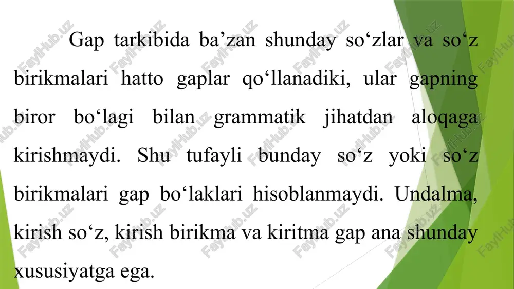 eshitishimcha, anorxon bilan musobaqalashishga kelishibsizlarmi? (j.abdullaxonov). tadqiqotchi olimlarning fikricha, chinor daraxtini qadim - qadim davrlarda yurt kezuvchi sayyohlar, savdogarlar ... eron va unga qo‘shni mamlakatlardan o‘zbekistonga olib kelishgan. (a.aminov). bayon qilingan fikrning tarkibini ifodalaydi (avvalo, nihoyat, birinchidan, ikkinchidan kabilar): nihoyat, xuddi yoshi ulug‘ odamlardek viqor bilan qadam bosib asadillo paydo bo‘ldi. (f.musajonov). birinchidan, bugun hamisha opaning yubiley kechalari, ikkinchidan, ertaga oblastb yosh yozuvchilarining konferentsiyasi ochiladi. (o.yoqubov). aytilayotgan fikrning oldingi fikr bilan aloqasini ifodalaydi (demak, xullas, ishqilib, shunday qilib, binobarin, ko‘rinadiki kabilar): xullas, barcha bilan ahillashib ketganligi ko‘rinib turardi. (j.abdullaxonov). ishqilib, shu oqshomchi so‘xbat bekor ketmadi. (j.abdullaxonov). kirish so‘z ko‘pincha modal so‘z bilan, kirish birikma esa so‘z birikmasi bilan ifodalanadi. masalan: chamasi, o‘n minutcha yurilsa, salqin va so‘lim sayribog‘ bor edi. (f.musajonov). keksalarning aytishicha, bunday paytlarda tepalikning ustida erning nafasini eshitarmishsiz? (o‘.hoshimov). kirish so‘z va kirish birikma gapning boshida kelib, yozuvda undan keyin, gap oxirida kelib, undan oldin vergul qo‘yiladi: albatta, …