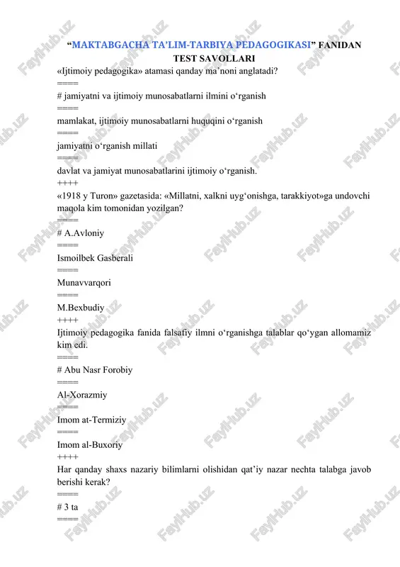 ta ==== 2 ta ++++ bola ijtimoiy rivojlanish jarayonida nechta ijtimoiy rolni bajaradi? ==== # 2 ta ==== 3 ta ==== 4 ta ==== 5 ta ++++ bolaning rivojlanishi nechta yo’nalish asosida amalga oshiriladi? ==== # 2 ta ==== 3 ta ==== 4 ta ==== 5 ta ++++ «dezadaptatsiya» qanday ma’noni bildiradi? ==== # shakllanmay qolish ==== shakllanish ==== moslashuv ==== qayta tiklash ++++ me’yorlardan chekinishning (og’ishning) nechta turi mavjud. ==== # 4 ta ==== 3 ta ==== 5 ta ==== 6 ta ++++ ijtimoiy me’yor nechta guruhga ajratiladi. ==== # 2 ta ==== 1 ta ==== 4 ta ==== 3 ta ++++ «nogiron» lotinchadan qanday ma’noni bildiradi? ==== # kuchsiz ojiz ==== kuchli xulksiz ==== qaram ==== shakl-ma’no. ++++ insonlarga yordam berishning tabiiy modeli o’rniga, psixoijtimoiy model nechanchi yillarda vujudga kelgan? ==== # xx-asr 1960 yillar ==== xx-asr 1980 yillarda ==== xix-asr 1960 yillarda ==== xix-asr 1980 yillarda. ++++ …