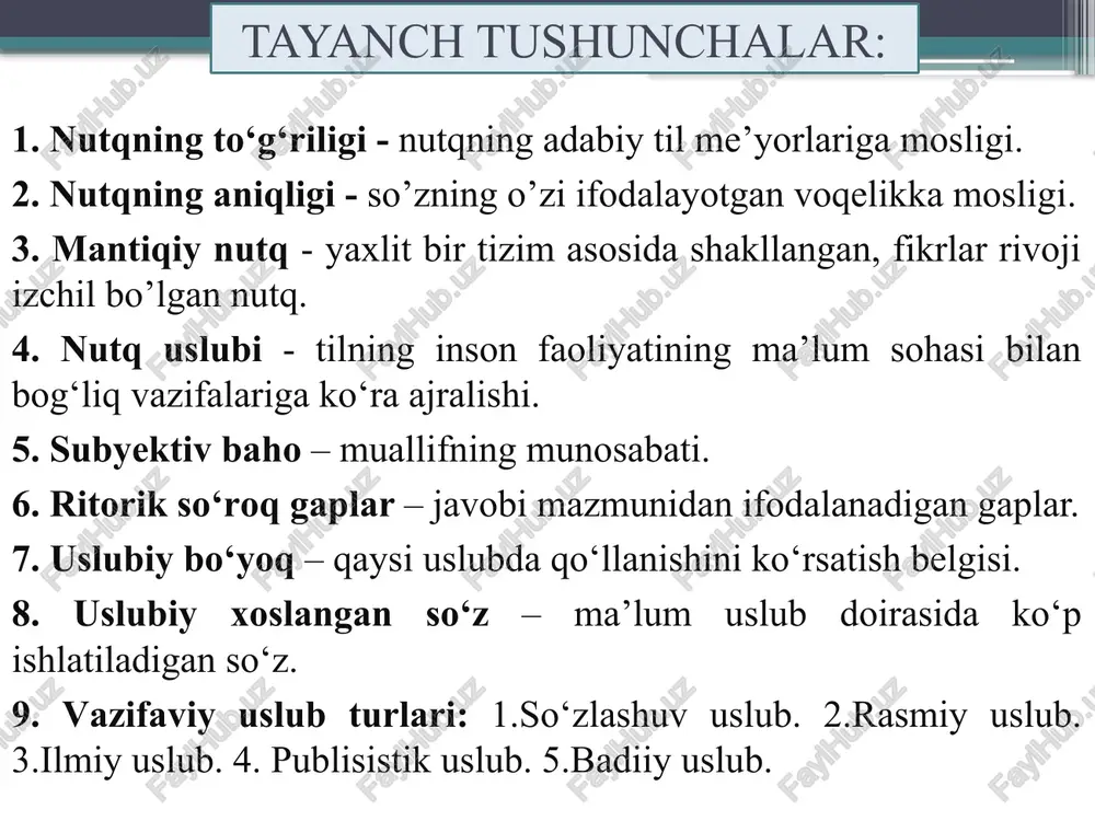 chilik-qonun, farmon, jinoiy aktlar idoraviy-devonxona - buyruq, ariza, bildirgi. diplomatik-nota,bayonotnoma, bitim. ilmiy uslub ilmiy uslub - fan, texnika va ishlab chiqarish bilan bogʻliq boʻlgan vazifaviy uslubdir. bu uslubda tabiat va ijtimoiy hayotdagi hodisalar aniq taʼriflanadi, tushuntiriladi. vazifaviy uslubning bu turi terminologik va mavhum leksikaning, murakkab sintaktik tuzilmalarning qoʻllanishi, soʻzlarning asosan aniq, toʻgʻri maʼnoda ishlatilishi, maxsus iboralarga egaligi va shu kabilar bilan ajralib turadi. ilmiy uslubda yana fanning turli sohalariga oid ramz (simvol) va belgilar, raqamlar ham ishlatiladi. ilmiy uslub ilmiy ish uslubi ilmiy-texnik uslub ilmiy-publitsistik uslub ilmiy-ommabop uslub publitsistik uslub ommaviy axborot vositalari,oliy majlis yig’inlarida, turli xil anjumanlarda qo’llaniladigan nutq uslubi publitsistik uslub sanaladi. publitsistik uslubning o’ziga xos xususiyati shundaki, u muayyan ijtimoiy masalalarga faol munosabatda bo’lish, hozirjavoblik, ta’sirchanlik belgilariga ega. ushbu nutq uslubi ijtimoiy masalalarga harakatchanligi tufayli unda ijtimoiy-siyosiy, tushunchalarni ifodalovchi so’zlar ko’proq qo’llanadi. masalan: isyon, irqchilik, siyosiy tanglik, bitim va boshqalar. publitsistik uslubning shakllari og’zaki shakli radio,televideniyeda siyosiy …