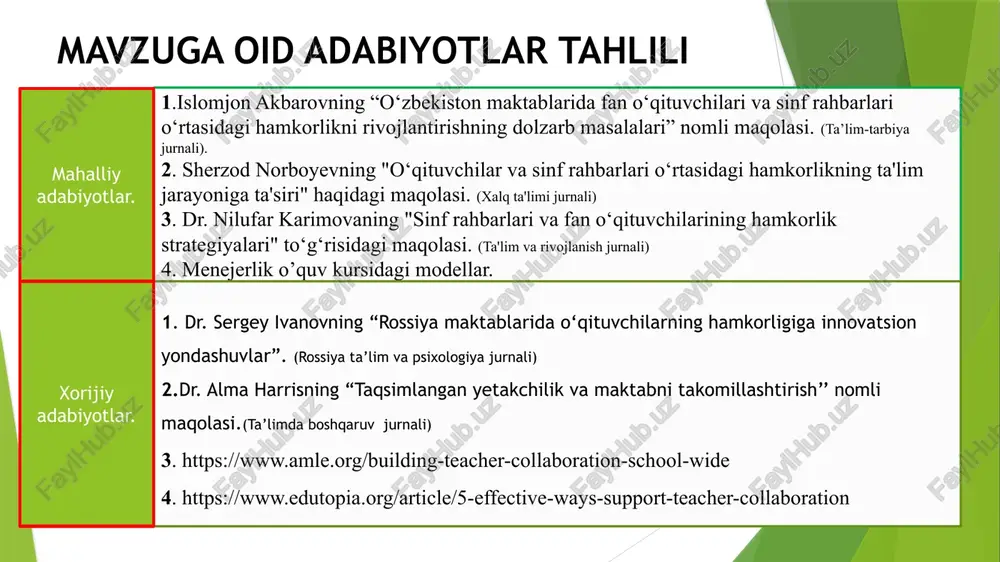 yuzasidan xorijiy tajribalarning o‘rganilaganligi amaldagi holat (o‘zbekistonda) amaldagi holat (xorijda) taklif qiyosiy tahlil etilganligi o‘zbekistondagi ta’lim berish samaradorligi yuqori bo’lgan maktablarda fan o‘qituvchilari dars jarayonida o‘zlarining faniga qiziqishi bor o‘quvchilarni 5-sinfdan kuzatuv asosida aniqlab oladi va sinf rahbar hamda boshqa fan o‘qituvchilari bilan kelishib, hamkorlikda bolaning iqtidorini yuzaga chiqarishadi va bu tizim men rahbarlik qilayotgan bulung’ur tumanidagi 69-maktabda o‘z samarasini bermoqda. ta’lim berish sifati yuqori darajada bo’lgan bir qancha xorijiy davlatlarda sinf rahbari va fan o‘qituvchilari o‘rtasida hamkorlik yaxshi yo‘lga qo‘yilgan. ular o‘quvchilarning individual ehtiyojlarini aniqlab, bilim, ko‘nikma va qobiliyatlarini rivojlantirish uchun birgalikda loyiha va tadbirlar tashkil qiladi. bu esa o‘quvchilarni rag‘batlantirishga yordam beradi. amalda 5-sinfdan boshlab yagona sinf rahbarligi joriy etildi. lekin yagona fan o‘qituvchisi mavjud emas. menejerlik o’quv kursida olgan bilimim hamda mavzuni o’rganish mobaynida, sinf rahbari va fan o’qituvchilari hamkorlikda har bir sinf uchun fan o’qituvchilari jamoasini shakllantirib, ularga maqsad qo’yish kerak. menejerlik o‘quv kursida va mavzuni …