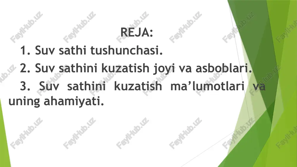 ikka nisbatan aniqlanadi. suv o‘lchash postlarida kuzatishlar odatda bir kunda ikki marta-soat 800 va 2000 larda o‘tkaziladi. suv sathi toshqinlar tufayli tez o‘zgarib turadigan mavsumlarda kun davomida qo‘shimcha har bir soatda, har ikki soatda, har uch soatda yoki har olti soatda kuzatishlar olib boriladi. suv sathi o‘zgarishini kun davomida uzluksiz hisobga olib boruvchi o‘zi yozar suv o‘lchash postlari ham bor. ularda "valday" tipidagi qurilmalar o‘rnatiladi. keyingi yil­larda suv sathi kuzatishlarini avtomatik tizimga o‘tkazish ishlariga katta e’tibor berilmoqda. bu esa kelajakda gid­rologik axborotlarni jamlashni tezlashtirib, ularning samaradorligini oshiradi. barcha o‘lchashlar ma’lumotlaridan har bir kun uchun o‘rtacha suv sathi hisoblanadi va kundalik suv sathining yillik jadvali tuziladi. ushbu jadvalda bulardan tashqari o‘rtacha o‘n kun(dekada)lik, o‘rtacha oylik va yillik suv sath­lari, har bir oy uchun, yil uchun suv sathlarining eng kichik va eng katta qiymatlari beriladi. o‘rtacha, eng katta va eng kichik sathlar xarakterli suv sathlari deb ataladi. suv sathini kuzatish ma’lumotlari maxsus …