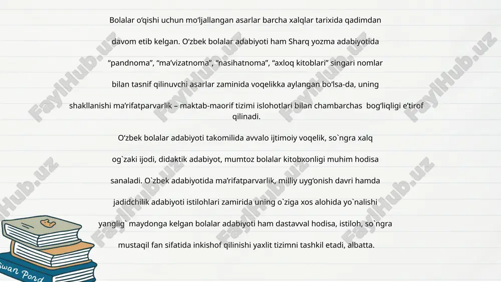 a bog‘liq. jamiyatning bolalikka munosabati adabiyot, san’at, ta’lim tizimi vositasida yosh avlod qalbiga ta’sir qiladi va uning ma’naviy olamida bo‘y ko‘rsatadi. xix asrning so‘nggi choragi va xx asr boshlaridagi turkiston o‘lkasida ziyolilar – ma’rifatparvar jadidlar yoshlarning ma’naviy yuksalishida ta’lim va tarbiya dolzarb masala ekanligini anglab yetadilar. milliy uyg‘onish, millatning o‘zligini anglash jarayoni mazkur davr adabiyotining ruhi va mazmunini tashkil qilganidek, o‘zbek bolalar adabiyotining rasman qaror topishi ham umumadabiy hodisaning yangi bir qirrasi sifatida maydonga keldi. o‘zbek bolalar adabiyotining chinakam mohiyatiga mos qiyofasi xx asr boshlaridagi ma’rifatparvar pedagog va adiblar ijodida namoyon bo`lishi bejiz emas. saidrasul aziziy, munavvarqori abdurashidxonov, abdulla avloniy, hamza hakimzoda niyoziy, mahmudxo‘ja behbudiy, sadriddin ayniy, abdurauf fitrat, elbek va boshqa o‘nlab ziyolilarning “usuli jadid” maktablarida tahsil oluvchi o‘zbek o‘quvchilari uchun yaratgan ellikdan ortiq alifbo va o‘qish kitoblari avvalo, bolalarbop maxsus asarlar ijod etish an’anasini boshlab berganiligi bilan diqqatga sazovor. negaki, xalq bolalarini ma’rifatli qilishni ko‘zlab ochilgan yangi usuldagi …