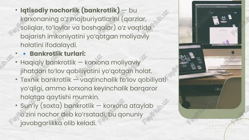 hqaruvni takomillashtirish zarur. shuningdek, davlat va bank tizimi tomonidan ham korxonalarni sog‘lomlashtirish siyosati muhim ahamiyat kasb etadi. natijada, har bir korxona o‘z faoliyatida moliyaviy barqarorlikni saqlash, tavakkalchilikni boshqarish, va bankrotlik xavfini kamaytirish uchun zamonaviy iqtisodiy va boshqaruv mexanizmlaridan foydalanishi lozim. thankyou image1.png image2.jpeg image3.png image4.svg image5.png image6.svg image7.jpeg image8.jpeg image9.png image10.svg image14.png image15.svg image16.png image17.svg image18.png image19.svg image11.jpeg image12.png image13.svg image23.svg image24.png image25.svg image26.png image27.svg image20.png image21.svg image22.png image28.jpeg image29.jpeg image30.png image31.svg image32.jpeg image33.jpeg image34.jpeg /docprops/thumbnail.jpeg