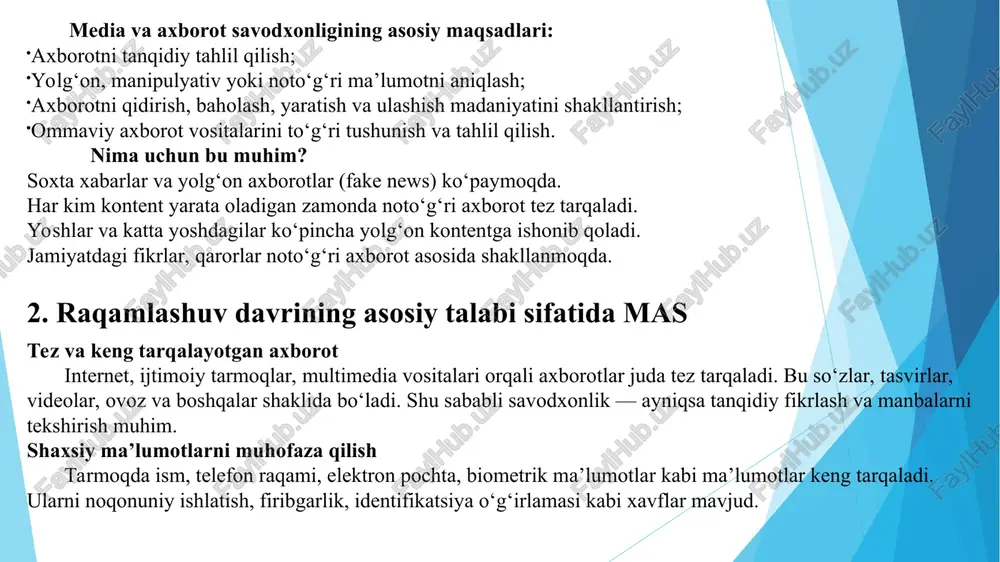 tdagi yovuz niyatli shaxslar noto‘g‘ri maqsadda ishlatadi. raqamli gigiyenaning psixologik tomoni: 1) ekran vaqtini nazorat qilish; 2) onlayn faollikni cheklash va “raqamli detoks” qilish; 3) negativ kontentdan saqlanish va ruhiy salomatlikni asrash. “raqamli gigiyena" qoidalari bilan tanishishingiz mumkin: 📌 ekran vaqtingizni nazorat qiling 📌 uy ichida telefon bilan yurmang 📌 gadjetlaringizni uyqudan bir soat oldin o‘chiring 📌 sizda xavotir yoki xasad uyhotadigan sahifalardagi obunani bekor qiling 📌 youtube, netflix va shu kabi boshqa servislardagi keyingi videoning avtoyoqilish funsiyasini o‘chirib qo‘ying 📌 kimdir xonaga kirganda ekrandan ko‘zingizni uzib, odamning ko‘zlariga qarang 📌 uzun va ishonchli parollardan foydalaning 📌 kerakli har qanday hujjat va ma’lumotlaringizni zahira nusxasini tayyorlab qo‘ying 📌 ortiqcha/keraksiz ma’lumotlarga obunani bekor qiling 📌 ortiqcha xabarlar signalini o‘chirib qo‘ying 📌 oilaviy kechki ovqatni gadjetlarsiz o‘tkazing. 📌 kuchli va murakkab parollar qo‘llash; 📌 ikkita faktorli autentifikatsiya (2fa)ni yoqish; 📌 shaxsiy ma’lumotlarni himoya qilish (telefon, email, pasport ma’lumotlari va h.k.); 📌 tizimli …