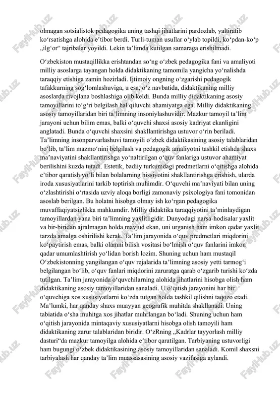 bunday hislatlarni shakllantirish mumkin emasligi navoiy asarlarida aks etgan. margʻinoniy esa, bilimlarni oʻzlashtirish yuzasidan umumiy tavsiyalar beribgina qolmay, oʻrganilgan tushunchalarni bolalar xotirasida uzoqroq saqlash yuzasidan aniq metodik usullar ham tavsiya etgan. oʻzbek milliy didaktikasining shakllanishida jadidchilik harakati, xususan, munavvarqori abdurashidxonov, abduqodir shu kuriy, a. ibodiyev, m. behbudiy, a. avloniy, s. saidazizov, r. yusufbekov kabi maʼrifatparvar-pedagoglarning faoliyati alohida muhim bosqich boʻldi. 20-asr boshlarida vujudga kelgan jadidchilik turkiy xalqlarning kad. shonu shuxratini tiklash uchun uni maʼrifatli qilishdan oʻzga yoʻl yoʻkligini toʻgʻri belgiladi. jahon pedagogika sining eng soʻnggi yutuklaridan xabardor boʻlgan, ayni vaqtda taʼlimni tashkil etishda koʻp asrlik milliy tajribalarni hisobga olgan, didaktikaning metodologik asosi sifatida islomiy eʼtiqodni belgilagan jadidlar oʻqi-tish borasida yuksak natijalarga erishdilar. jadid mutafakkirlar taʼlimni uyushtirishning amaliy jihatlari b-ngina shugʻullanib qolmay, uning nazariy masalalarini ham tadqiq etganliklari diqqatga sazovordir. jadidlarning didaktik karashlari ularning koʻplab pedagogik asarlari, darelik va qoʻllanmalarida aks etgan. turkistonda okt. toʻntarishi tufayli qaror topgan shoʻrolar zamonida didaktika …