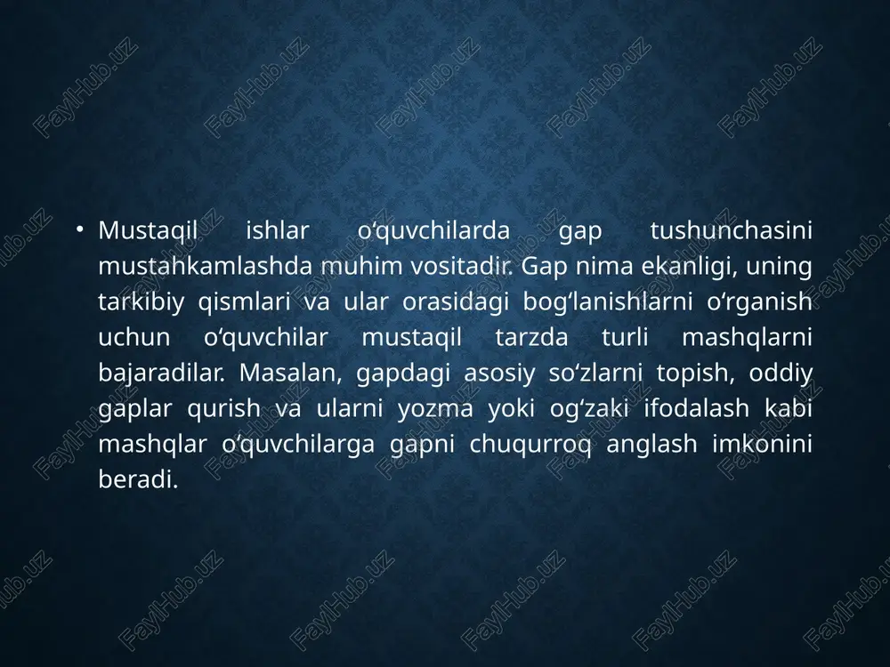 ng muvaffaqiyatini ta’minlaydi. mustaqil ishlar pedagogik jarayonni boyitib, o‘quvchilarning til bilimini mustahkamlash va mustaqil fikrlash qobiliyatlarini rivojlantirishda katta yordam beradi. foydalanilgan adabiyotlar o‘zbekiston respublikasi xalq ta’limi vazirligi. boshlang‘ich sinflar uchun ona tili darsliklari, toshkent, 2019-2024. sobirov, sh. – boshlang‘ich sinflarda mustaqil ishlarni tashkil etish metodikasi, 2021. karimova, d. – boshlang‘ich sinf o‘quvchilari nutqini rivojlantirish, toshkent, 2020. tursunova, m. – til o‘qitishda mustaqil ishlarning roli, ilmiy maqola, 2022. rahimova, n. – pedagogik metodikalar va o‘qitish usullari, toshkent, 2018. /docprops/thumbnail.jpeg