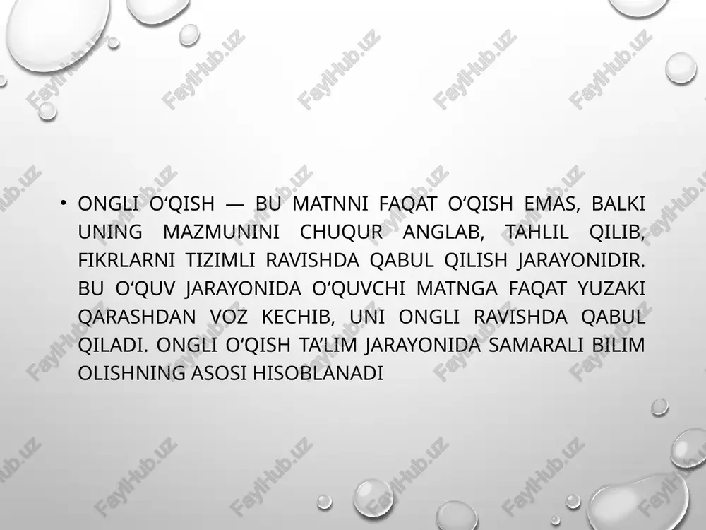 di. foydalanilgan adabiyotlar xudoyberdiyev, b. ongli o‘qish va uning metodikasi. toshkent, 2020. mirzaev, s. ta’limda o‘qish ko‘nikmalarini rivojlantirish. toshkent, 2019. tursunov, m. o‘quv jarayonida tahliliy fikrlashni rivojlantirish. toshkent, 2021. qodirova, n. boshlang‘ich sinflarda o‘qish madaniyati. toshkent, 2018. karimova, m. pedagogik innovatsiyalar va o‘qish metodlari. toshkent, 2022. image2.png image3.png image1.png /docprops/thumbnail.jpeg