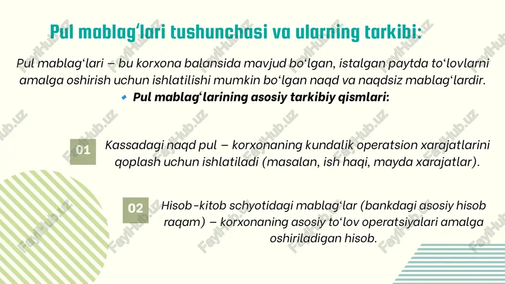 arini rejalashtirish: oy va chorak kesimida kassa byudjetini tuzish. kutilayotgan tushumlar va chiqimlarni muvofiqlashtirish. ortiqcha mablag‘larni investitsiyalash: ortiqcha pul mablag‘larini bank depozitlariga yoki qisqa muddatli investitsiyalarga yo‘naltirish. debitorlik va kreditorlik qarzlarini muvozanatlashtirish: debitorlar bilan hisob-kitoblarni tezlashtirish. kreditorlar bilan to‘lov muddatlarini oqilona boshqarish. pul oqimlarini diversifikatsiya qilish: faqat bitta manbadan tushumga tayanmaslik, turli yo‘nalishlarda daromad oqimlarini yaratish. thank you image1.png image2.svg image3.png image4.svg image5.png image6.svg image7.png image8.svg image9.png image10.svg image11.png image12.svg /docprops/thumbnail.jpeg