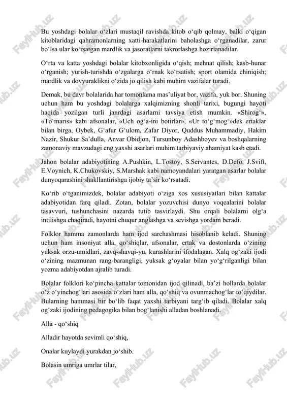 obidjonning «dahshatli meshpolvon» (ertak-qissa), quddus muhammadiyning «erkinjon oyga chiqibdi» (doston), yusuf shomansurning «oydan kelgan bolalar» (doston) kabi asarlari shu yoshdagi bolalarga mo‘ljallab yozilgan. bu yoshdagi bolalar o‘zlari mustaqil ravishda kitob o‘qib qolmay, balki o‘qigan kitoblaridagi qahramonlarning xatti-harakatlarini baholashga o‘rganadilar, zarur bo‘lsa ular ko‘rsatgan mardlik va jasoratlarni takrorlashga hozirlanadilar. o‘rta va katta yoshdagi bolalar kitobxonligida o‘qish; mehnat qilish; kasb-hunar o‘rganish; yurish-turishda o‘zgalarga o‘rnak ko‘rsatish; sport olamida chiniqish; mardlik va dovyuraklikni o‘zida jo qilish kabi muhim vazifalar turadi. demak, bu davr bolalarida har tomonlama mas’uliyat bor, vazifa, yuk bor. shuning uchun ham bu yoshdagi bolalarga xalqimizning shonli tarixi, bugungi hayoti haqida yozilgan turli janrdagi asarlarni tavsiya etish mumkin. «shirog‘», «to‘maris» kabi afsonalar, «uch og‘a-ini botirlar», «ur to‘g‘mog‘»dek ertaklar bilan birga, oybek, g‘afur g‘ulom, zafar diyor, quddus muhammadiy, hakim nazir, shukur sa’dulla, anvar obidjon, tursunboy adashboyev va boshqalarning zamonaviy mavzudagi eng yaxshi asarlari muhim tarbiyaviy ahamiyat kasb etadi. jahon bolalar adabiyotining a.pushkin, l.tostoy, …