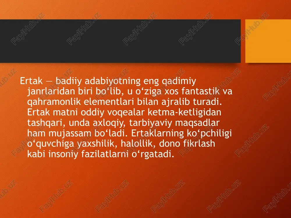 am beradi. ertaklarda dialoglar va harakatlar orqali qahramonlarning xarakteri ochib beriladi. shu bilan birga, ertak matni doimo o‘quvchini axloqiy fikrlashga undaydi va ijobiy fazilatlarni rivojlantirishga xizmat qiladi. xulosa ertak matni tahlili orqali o‘quvchilar nafaqat matn mazmunini tushunadilar, balki undagi qahramonlar, voqealar va badiiy vositalarni chuqur o‘rganadilar. bu jarayon o‘quvchilarning tanqidiy fikrlash qobiliyatini oshiradi, mustaqil tahlil qilish ko‘nikmalarini shakllantiradi va axloqiy tarbiyani mustahkamlaydi. ertaklar ko‘pincha xalqning madaniy merosi bo‘lib, ularni o‘rganish bolalarda milliy qadriyatlarni anglash va saqlashga yordam beradi. shu bois, ertak matnini tahlil qilish pedagogik jarayonda muhim o‘rin tutadi va o‘quvchilarning adabiyotga bo‘lgan qiziqishini oshiradi. foydalanilgan adabiyotlar abdullaev, a. (2016). adabiyot nazariyasi va tahlili. toshkent: fan. karimov, s. (2018). badiiy asarni tahlil qilish metodikasi. toshkent: o‘qituvchi. mamatqulov, j. (2020). adabiyot ta’limida ertak tahlili. toshkent: sharq. rasulov, b. (2019). pedagogik metodlar va adabiyot. toshkent: ta’lim. sobirov, t. (2017). adabiyot darslarida tahlil qilish ko‘nikmalari. toshkent: o‘quvchi. image2.png image3.png image1.png /docprops/thumbnail.jpeg