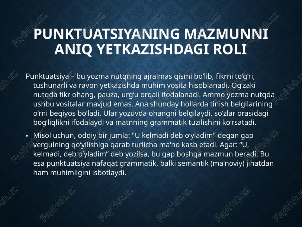 azifasi yo‘qoladi. bu esa so‘zlar orasidagi munosabatni buzadi. "o‘qituvchi kitobni o‘quvchilarga tarqatdi va darsni tushuntirdi" jumlasi bilan "o‘qituvchi, kitobni o‘quvchilarga tarqatdi va darsni tushuntirdi" jumlasi o‘rtasida ohang farqi bor. savol yoki undov belgisining o‘rniga nuqta qo‘yish, gapdagi intonatsiyani o‘zgartiradi. "siz hozir ketasiz!" va "siz hozir ketasiz?" jumlalari butunlay boshqa kayfiyatni ifodalaydi. rasmiy maktubda yoki ilmiy ishda bunday noaniqliklar katta tushunmovchilikka sabab bo‘ladi. hatto huquqiy hujjatlarda bitta tinish belgisi noto‘g‘ri qo‘yilishi natijasida yuridik jihatdan bahsli holat yuzaga kelishi mumkin. yozma nutqda punktuatsiya xatolari, shuningdek, savodxonlik darajasining pastligini ko‘rsatadi. bu esa muallifga nisbatan ishonchsizlik tug‘diradi. jurnalist, yozuvchi, bloger yoki talaba – har kim yozgan matnida tinish belgilariga e’tiborli bo‘lishi lozim. ushbu xatolarni oldini olish uchun muntazam ravishda grammatik mashqlar bajarish, punktuatsiya qoidalarini takrorlab turish va yozilgan matnni qayta ko‘zdan kechirish zarur. bugungi kunda turli onlayn dasturlar va matn tekshiruvchi vositalar mavjud bo‘lib, ular ham punktuatsiyani nazorat qilishda yordam beradi. punktuatsiya madaniyati va …